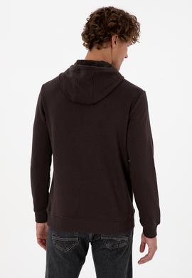 Erkek Regular Fit Kapüşonlu Koyu Kahverengi Basic Sweatshirt - 50313720168