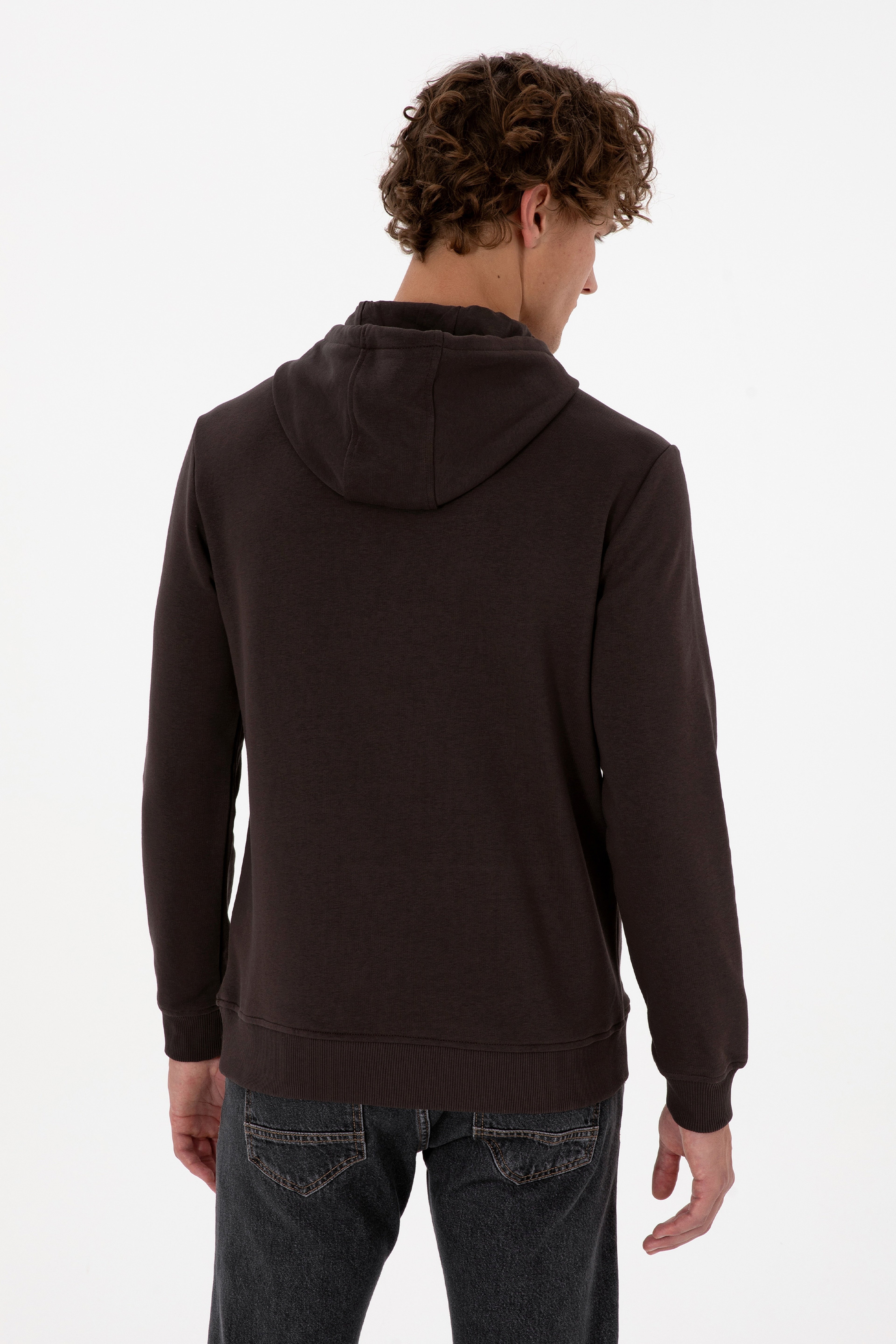 Erkek Regular Fit Kapüşonlu Koyu Kahverengi Basic Sweatshirt