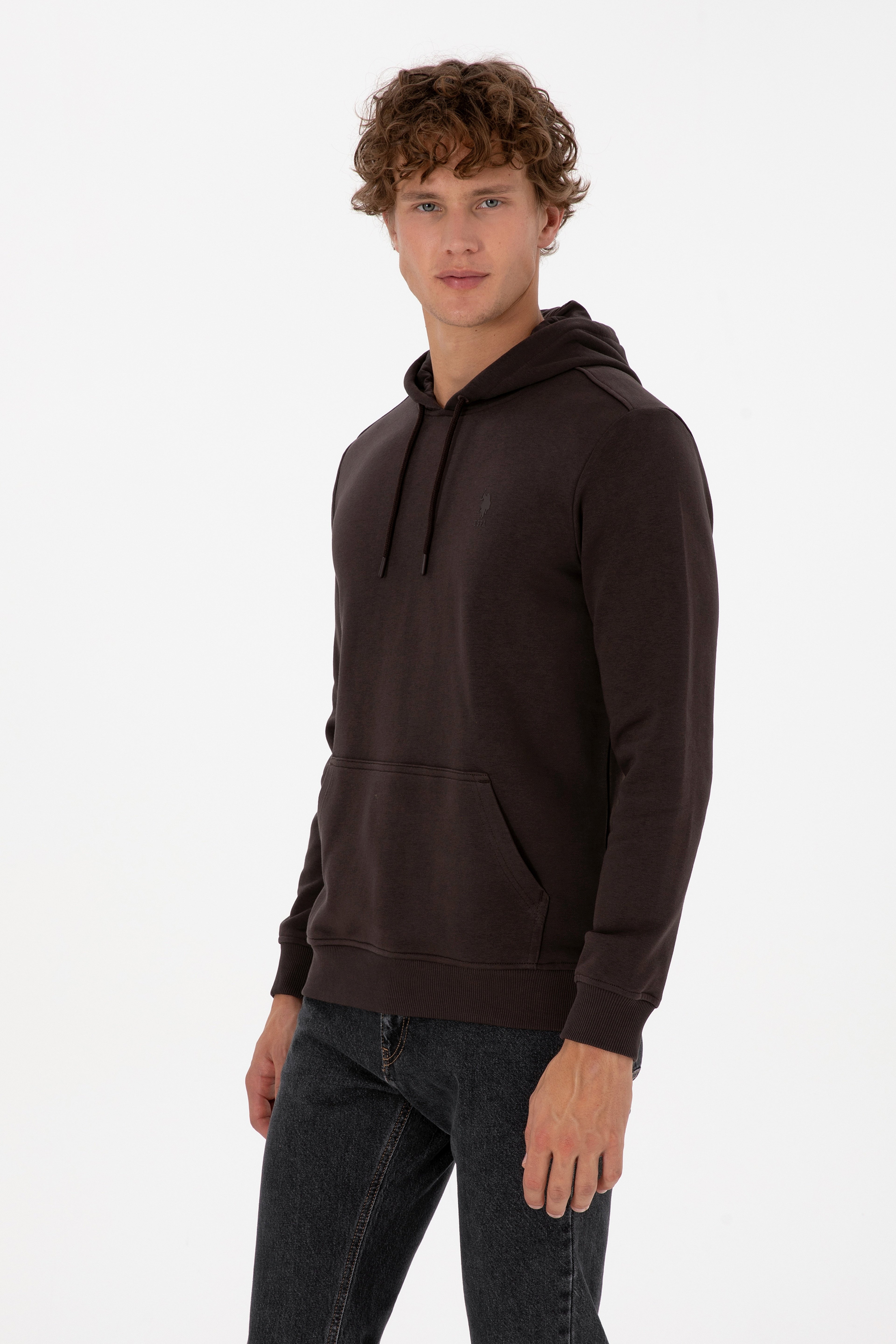 Erkek Regular Fit Kapüşonlu Koyu Kahverengi Basic Sweatshirt - Image 3