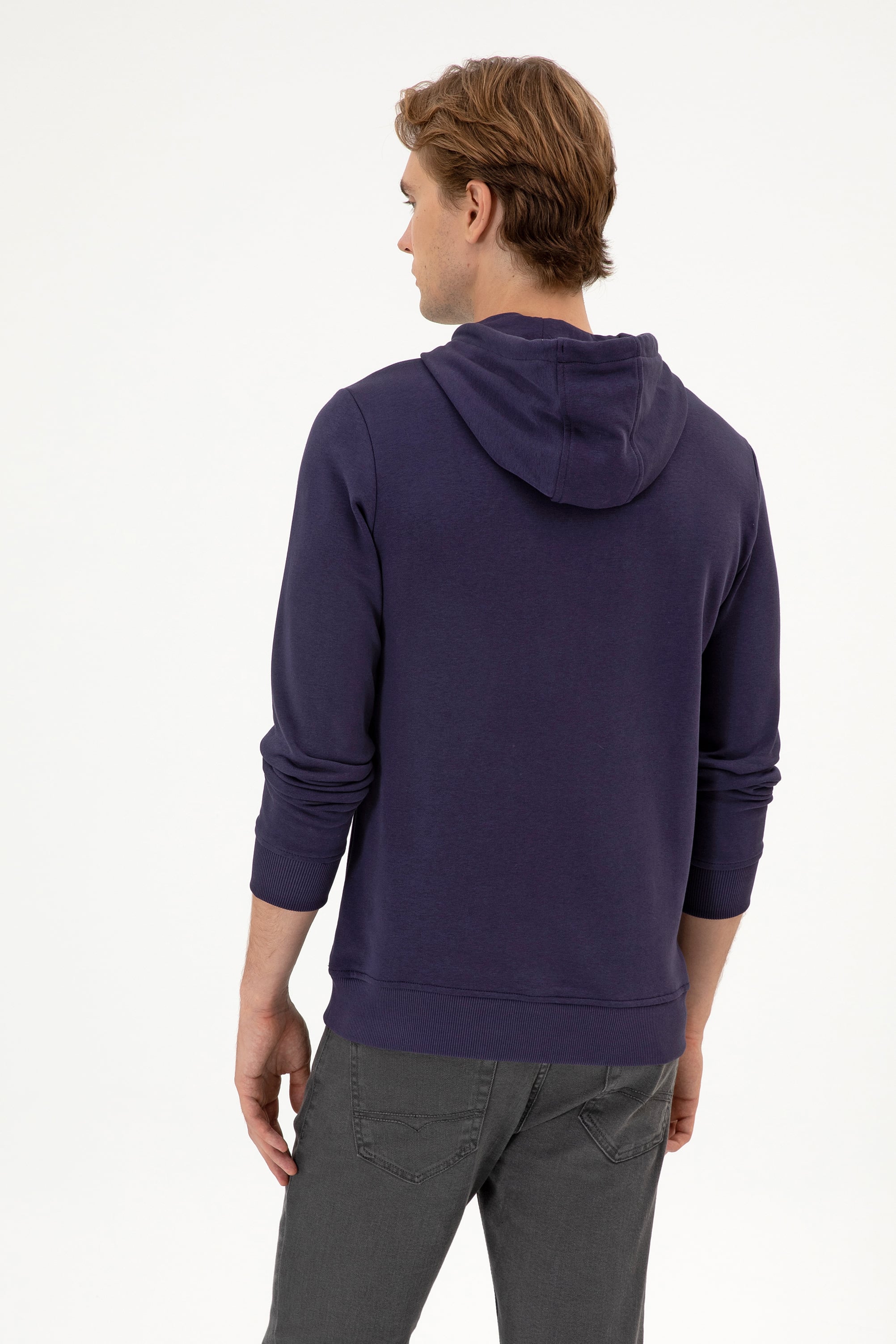 Erkek Regular Fit Kapüşonlu Mürdüm Basic Sweatshirt - Image 5
