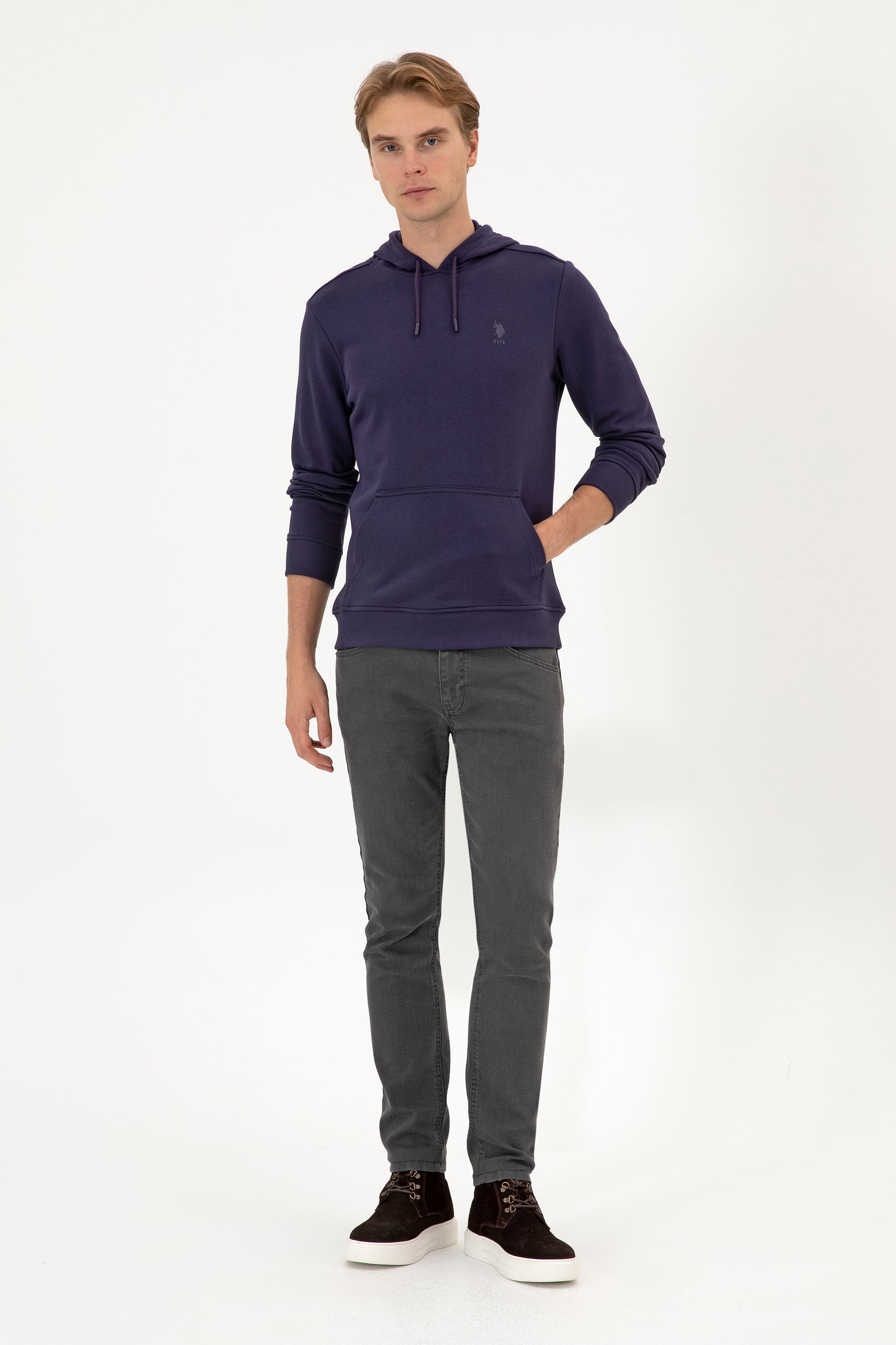 Erkek Regular Fit Kapüşonlu Mürdüm Basic Sweatshirt