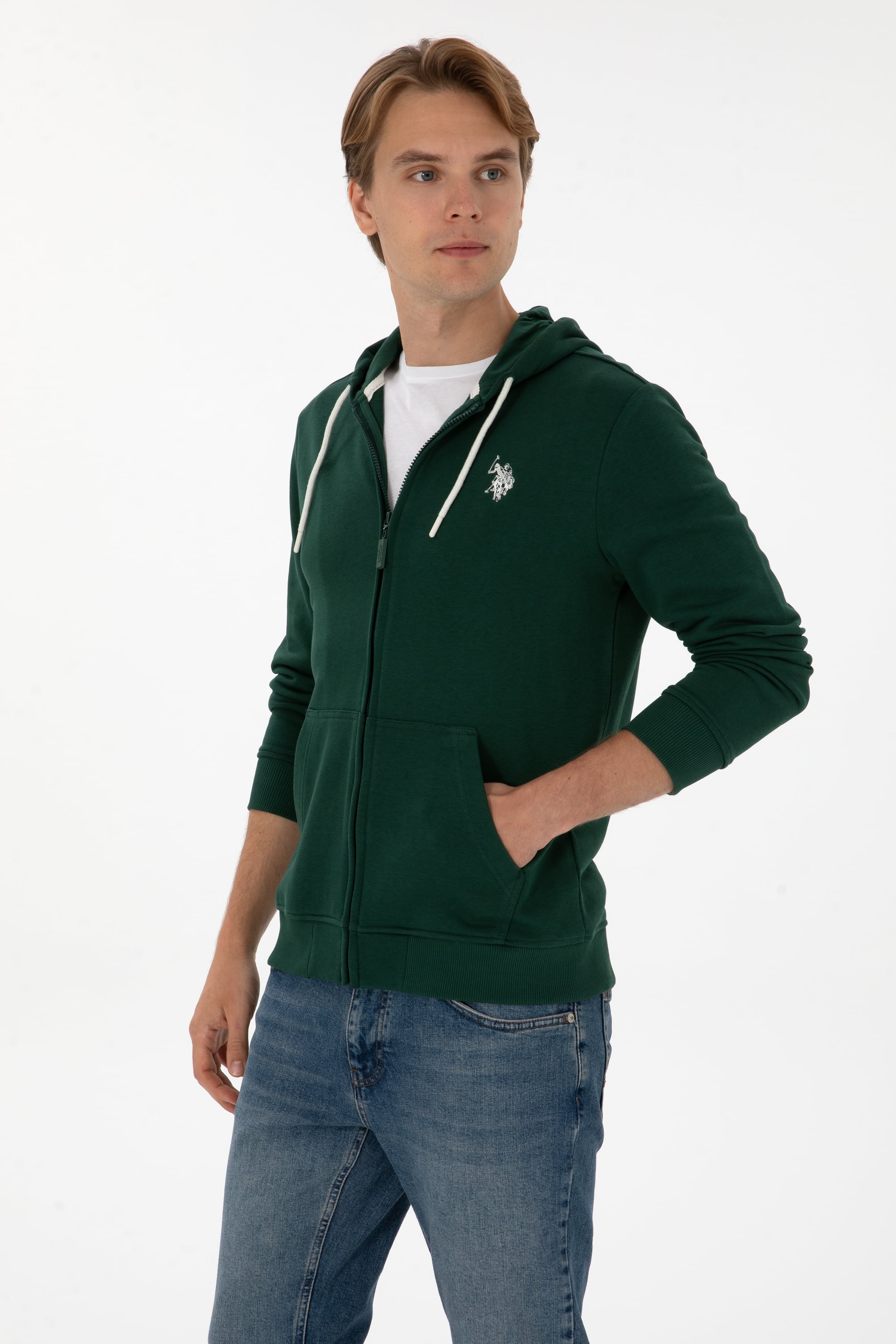 Erkek Regular Fit Fermuarlı Kapüşonlu Koyu Yeşil Örme Hırka - Image 1