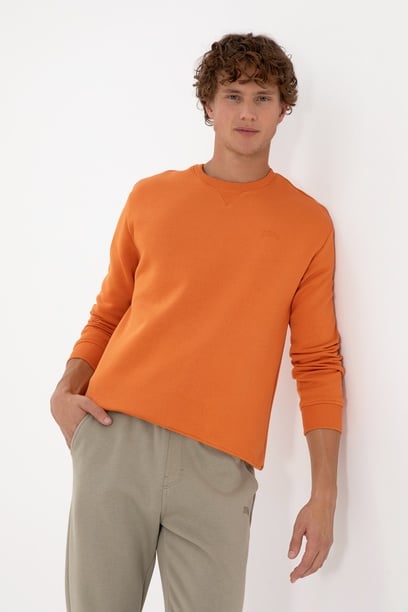 Erkek Comfort Fit Bisiklet Yaka Şardonlu Bakır Basic Sweatshirt
