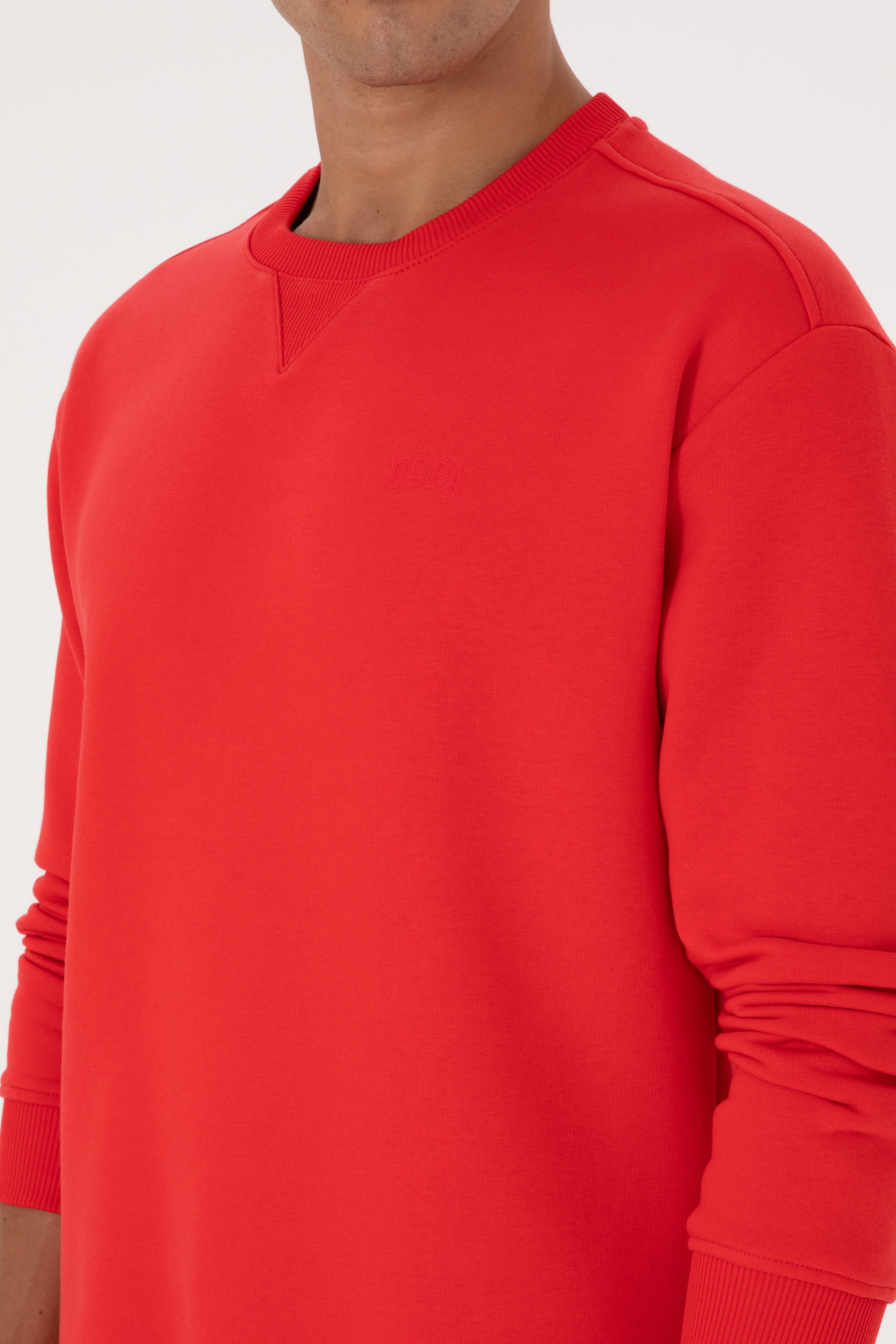 Erkek Comfort Fit Bisiklet Yaka Şardonlu Kırmızı Basic Sweatshirt