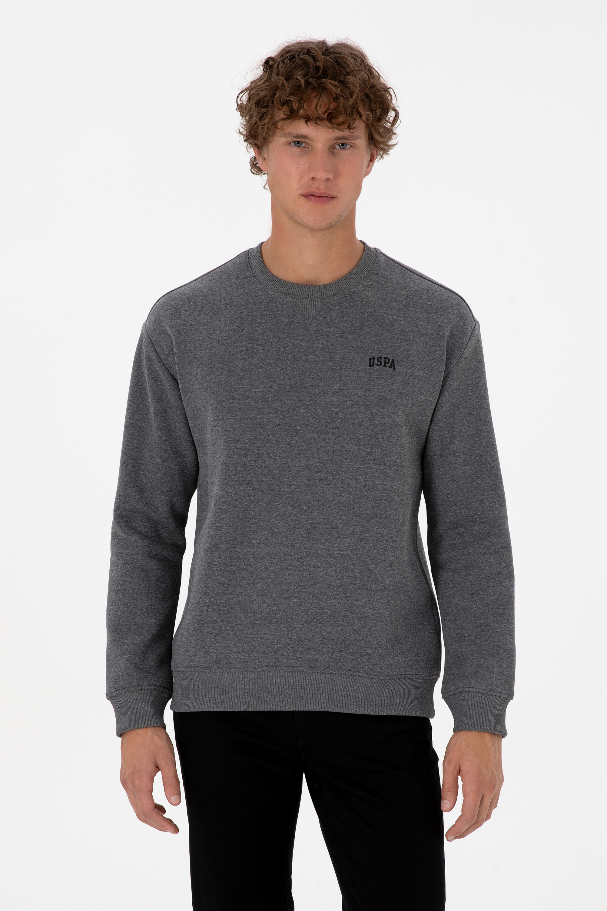 Erkek Comfort Fit Bisiklet Yaka Şardonlu Antrasit Melanj Basic Sweatshirt - Image 1