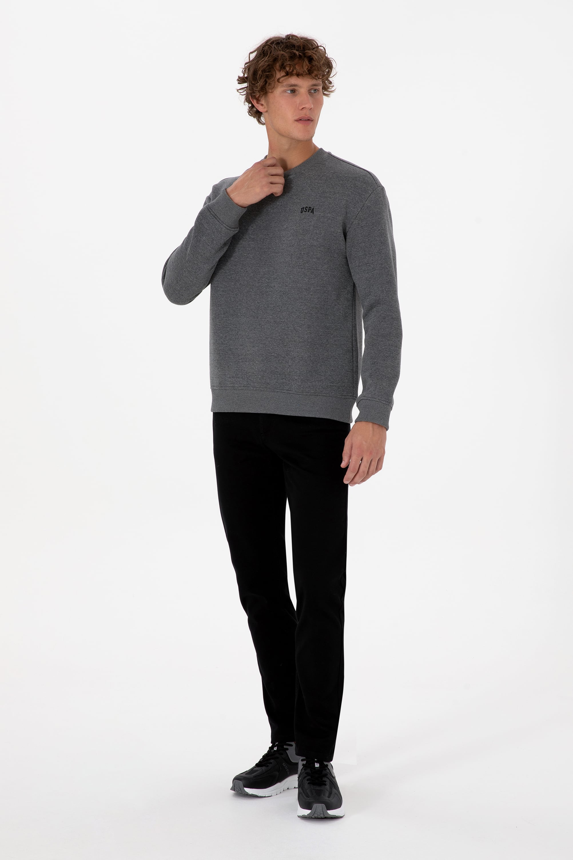 Erkek Comfort Fit Bisiklet Yaka Şardonlu Antrasit Melanj Basic Sweatshirt