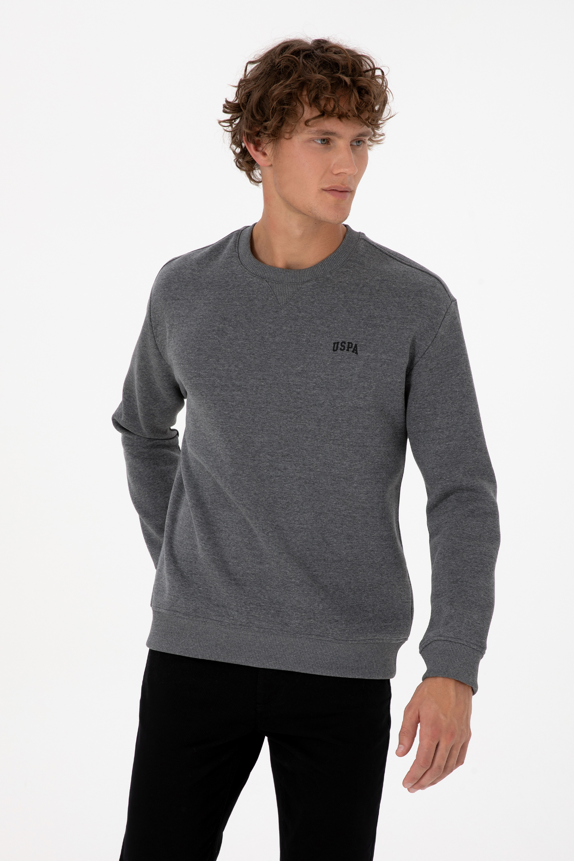 Erkek Comfort Fit Bisiklet Yaka Şardonlu Antrasit Melanj Basic Sweatshirt - Image 3