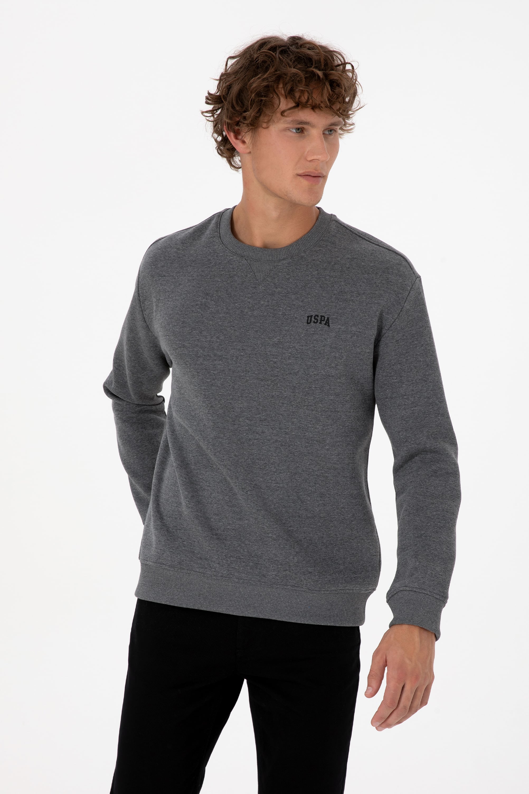 Erkek Comfort Fit Bisiklet Yaka Şardonlu Antrasit Melanj Basic Sweatshirt