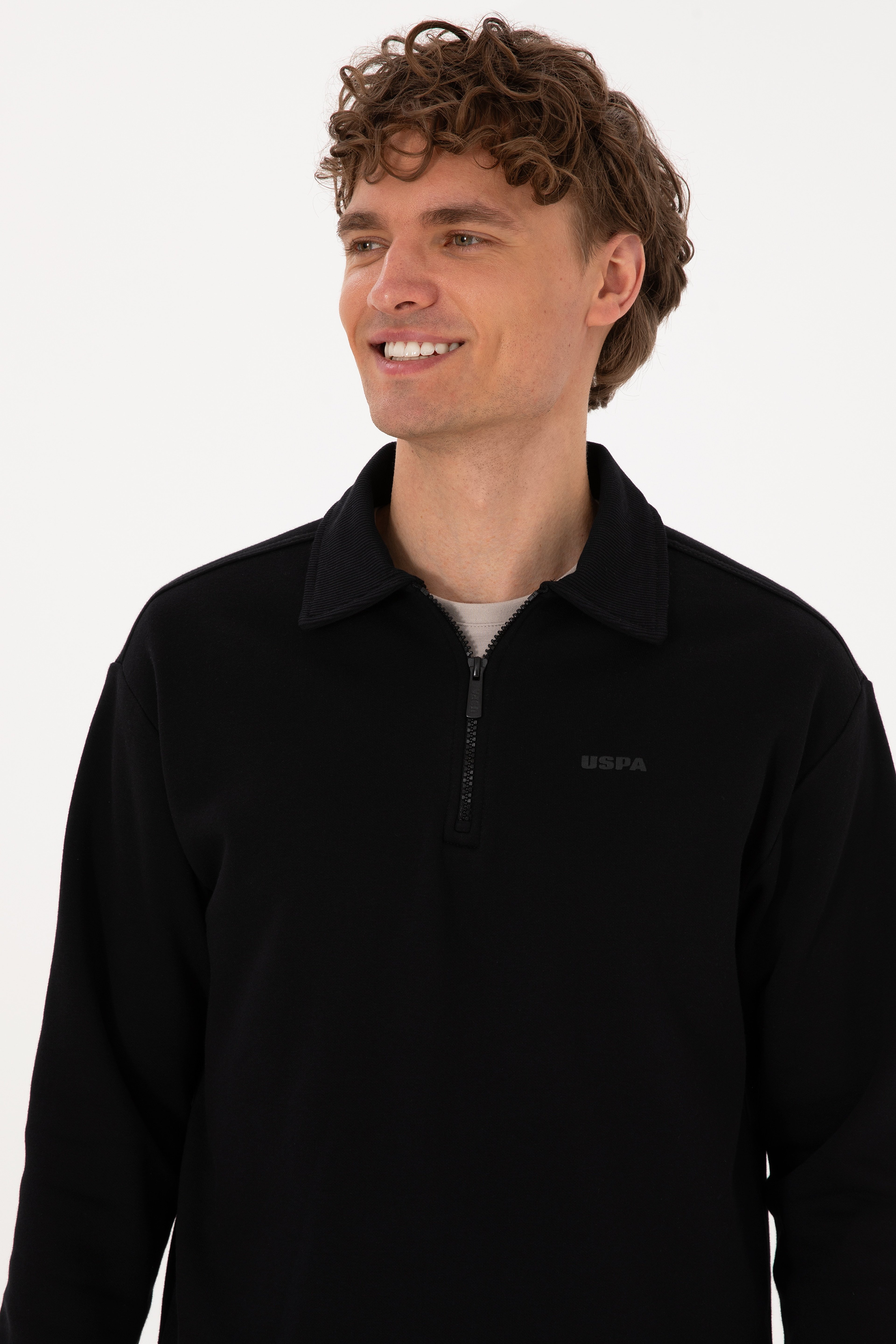 Erkek Regular Fit Yarım Fermuarlı Şardonlu Polo Yaka Siyah Basic Sweatshirt - Image 2