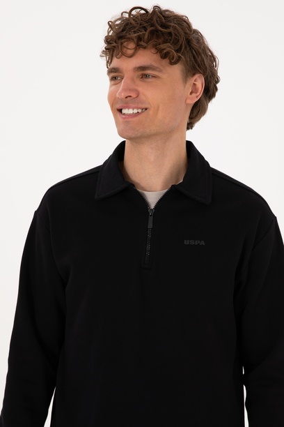 Erkek Regular Fit Yarım Fermuarlı Şardonlu Polo Yaka Siyah Basic Sweatshirt