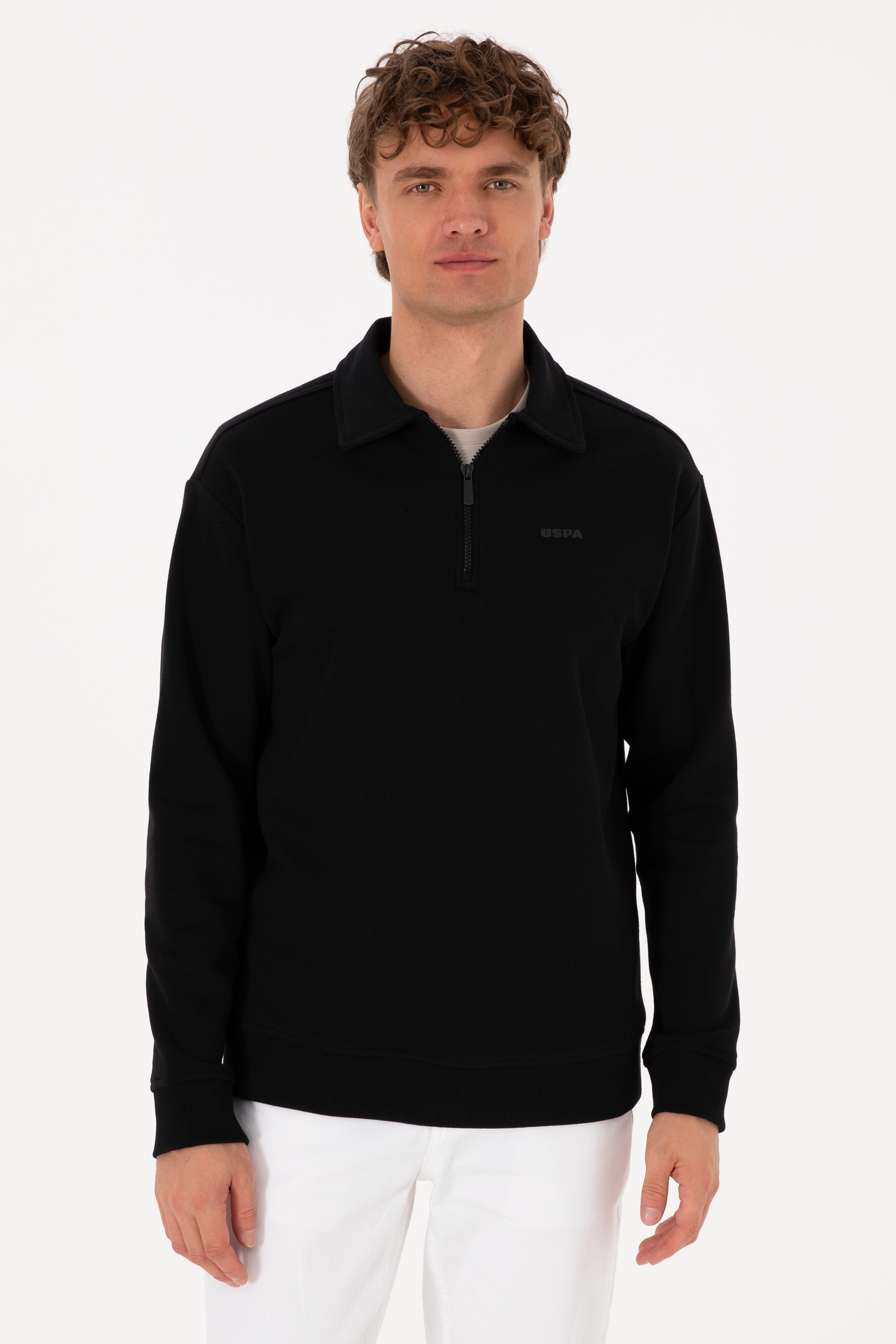 Erkek Regular Fit Yarım Fermuarlı Şardonlu Polo Yaka Siyah Basic Sweatshirt