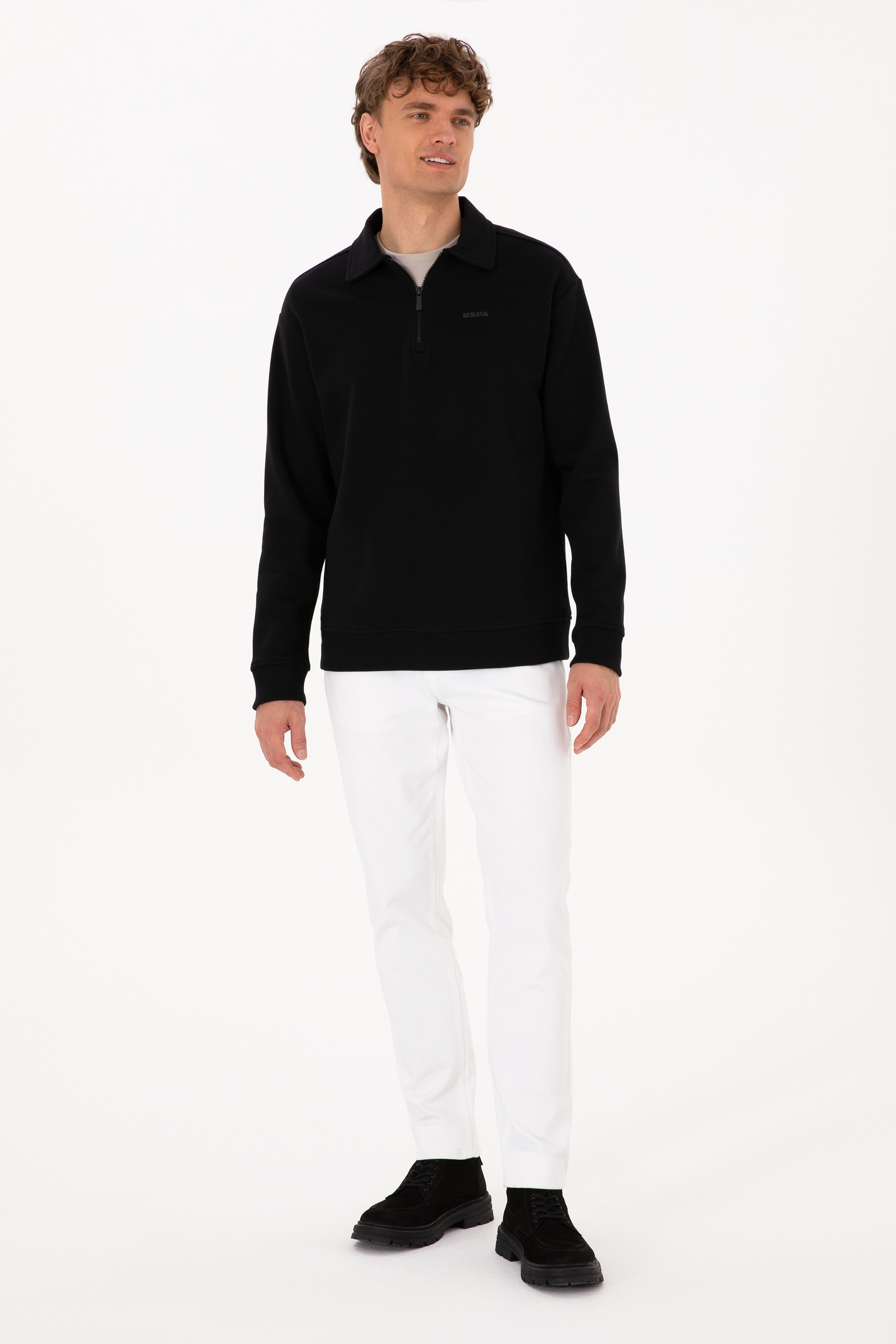 Erkek Regular Fit Yarım Fermuarlı Şardonlu Polo Yaka Siyah Basic Sweatshirt