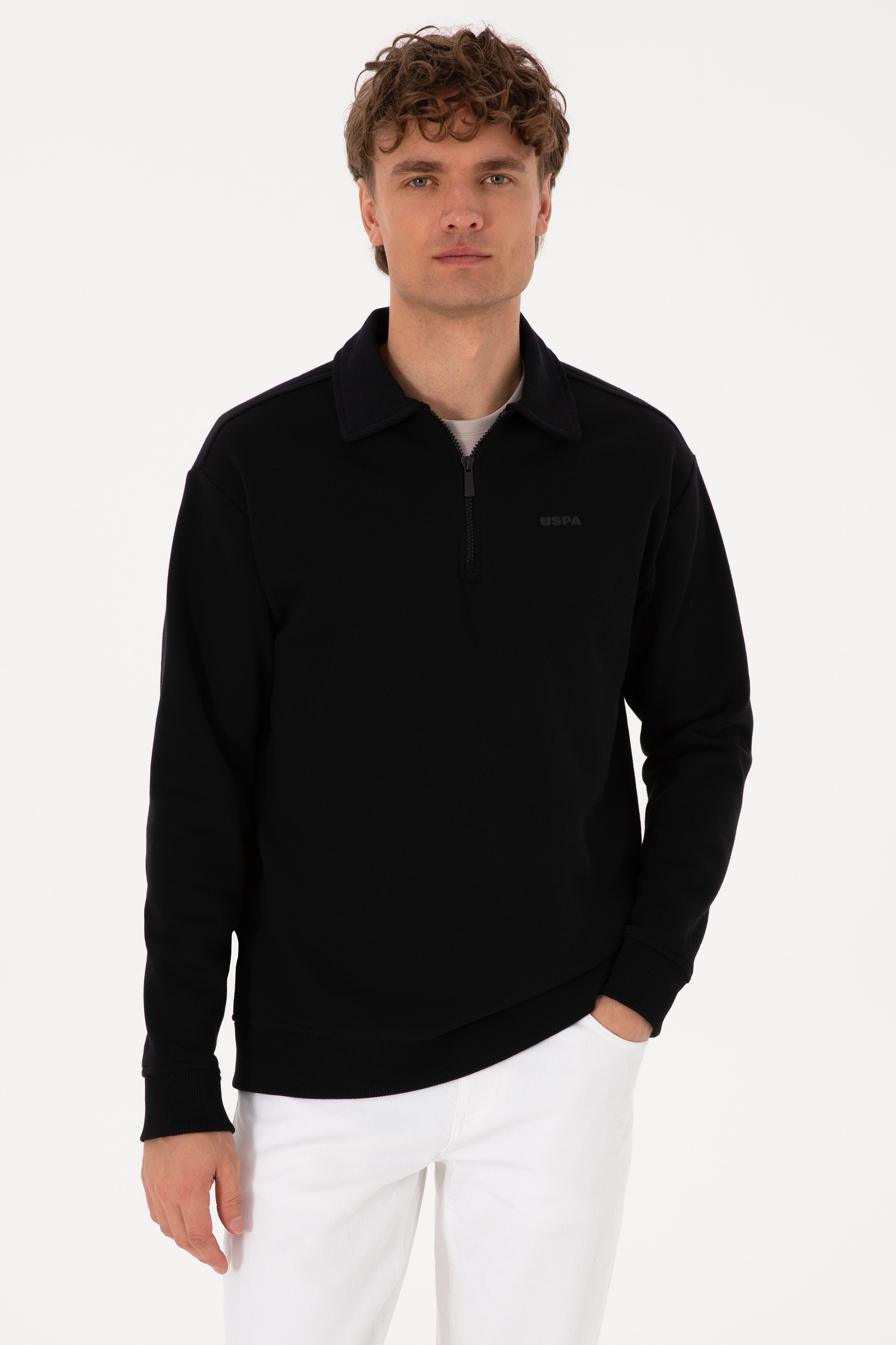 Erkek Regular Fit Yarım Fermuarlı Şardonlu Polo Yaka Siyah Basic Sweatshirt - Image 1