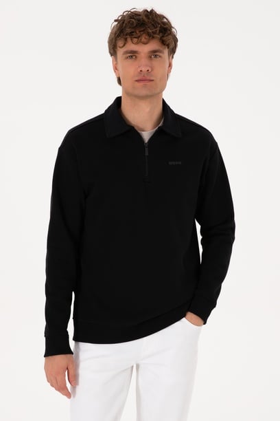 Erkek Regular Fit Yarım Fermuarlı Şardonlu Polo Yaka Siyah Basic Sweatshirt