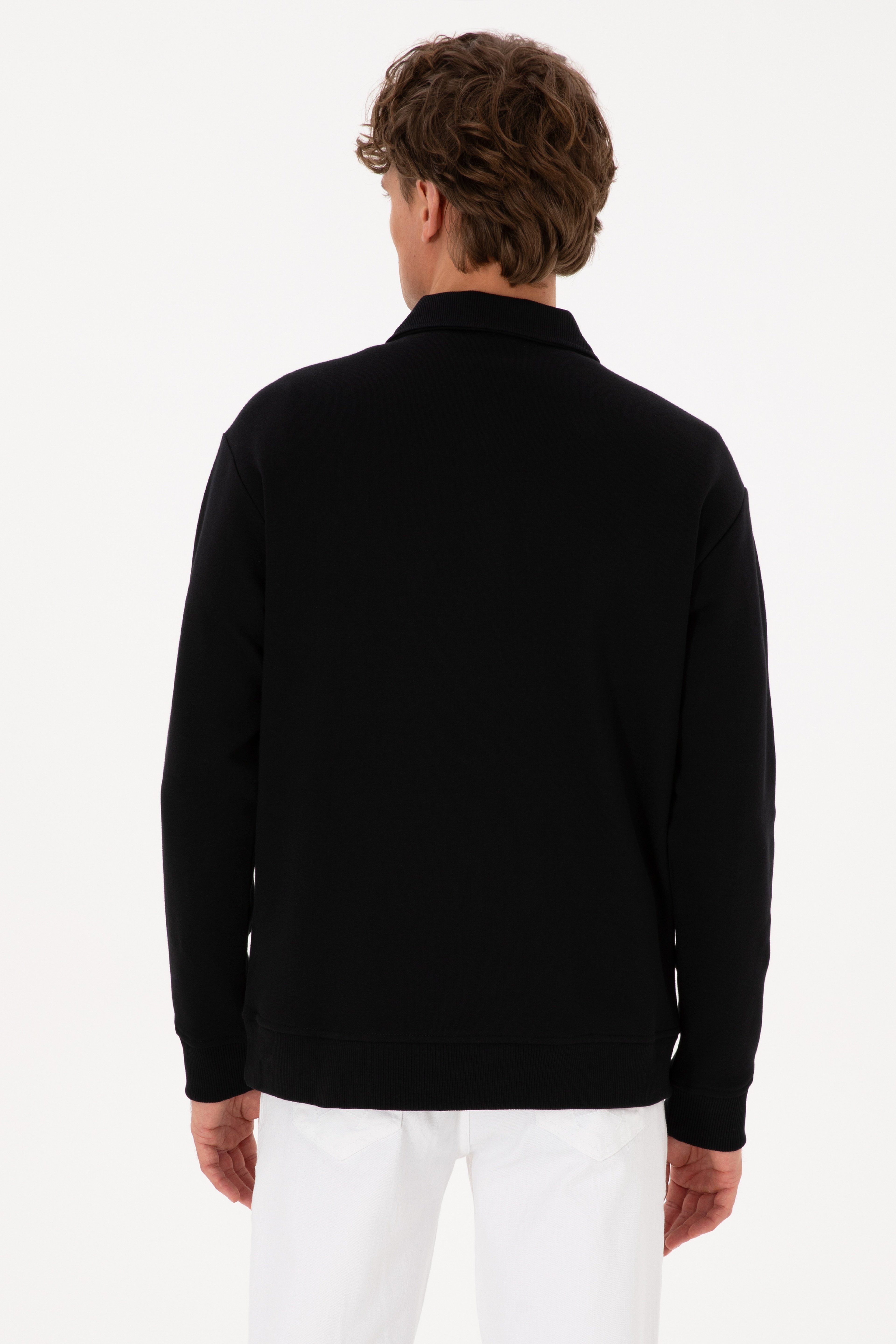Erkek Regular Fit Yarım Fermuarlı Şardonlu Polo Yaka Siyah Basic Sweatshirt - Image 5