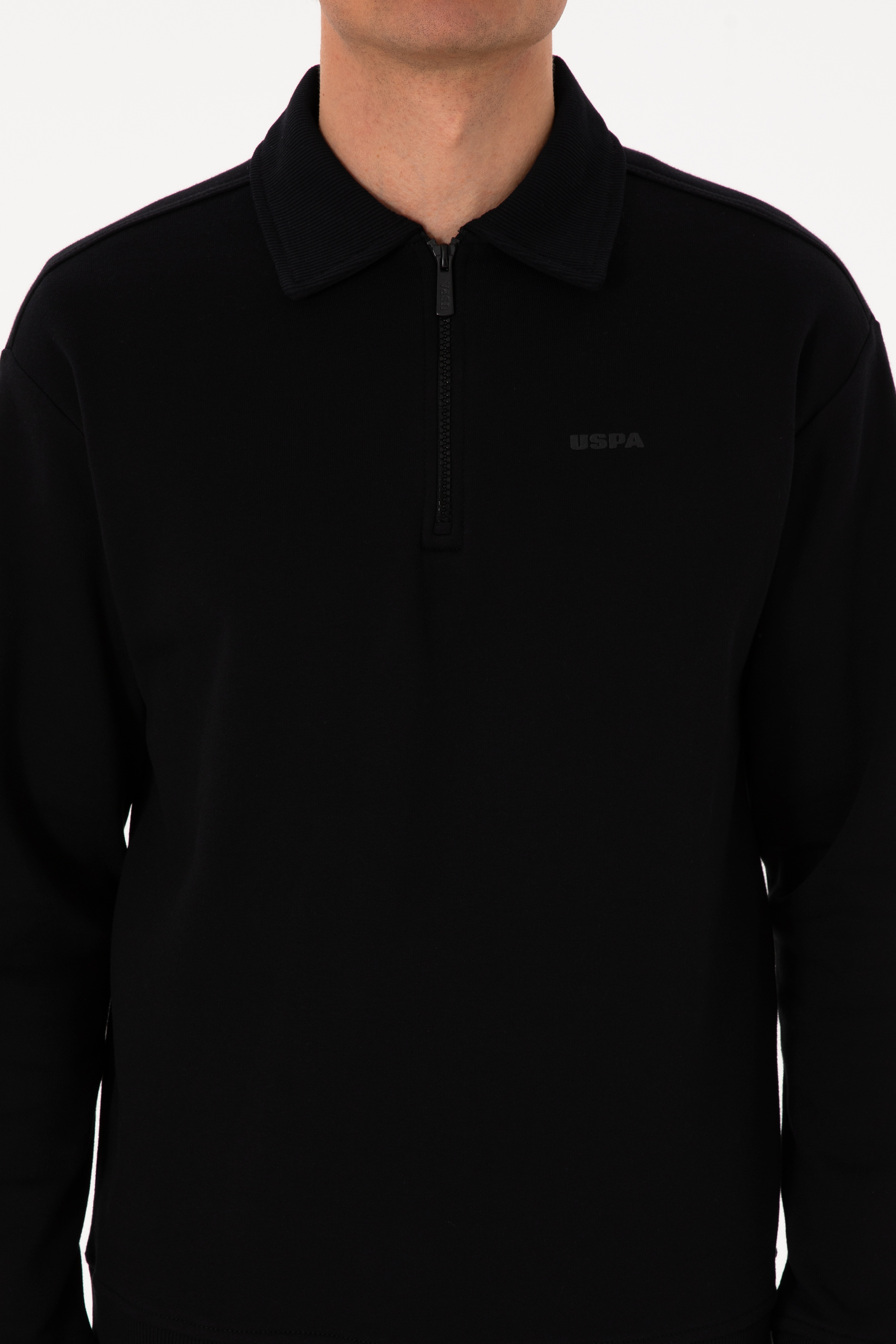 Erkek Regular Fit Yarım Fermuarlı Şardonlu Polo Yaka Siyah Basic Sweatshirt
