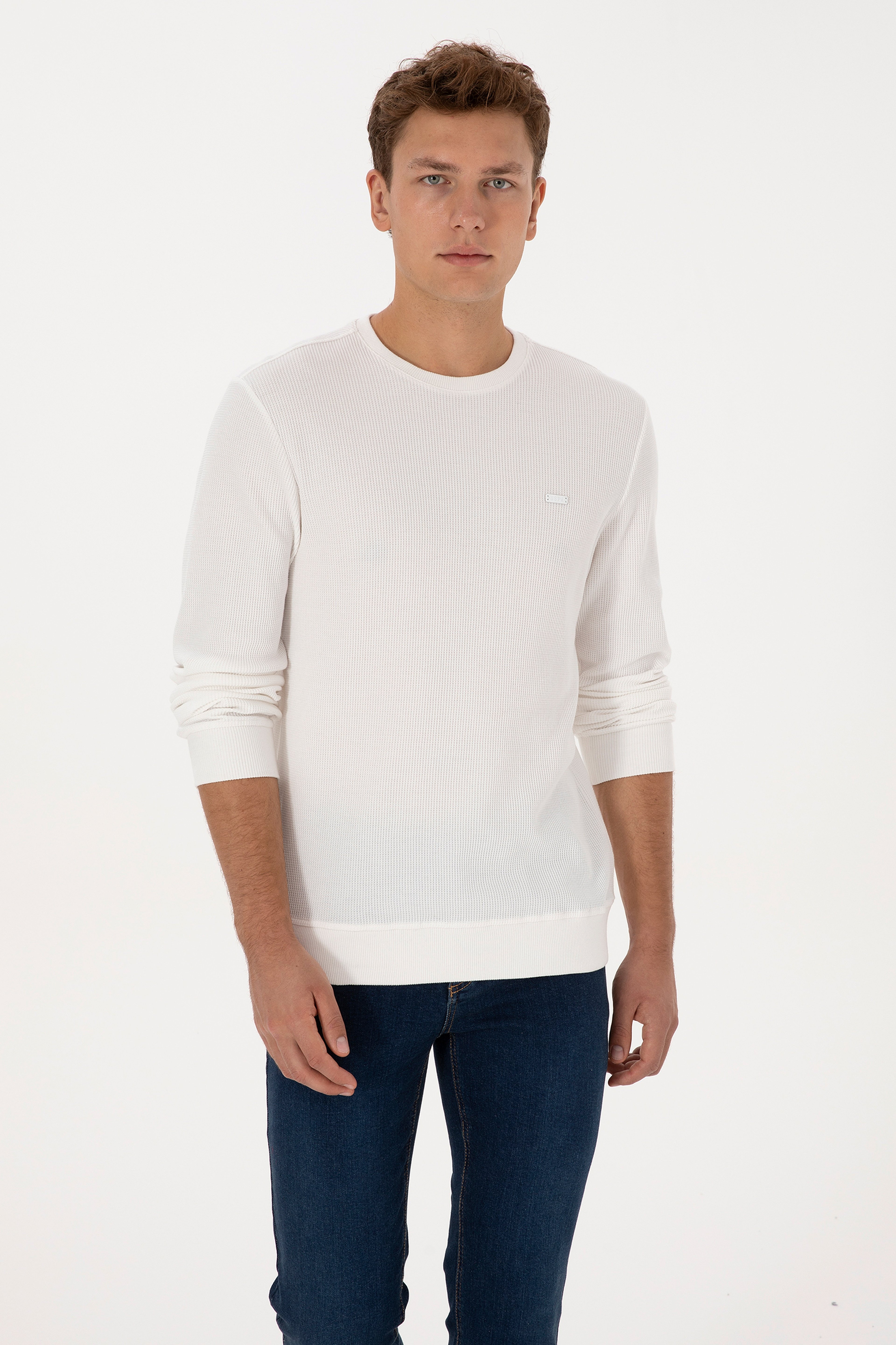 Erkek Regular Fit Bisiklet Yaka Beyaz Sweatshirt - Image 3