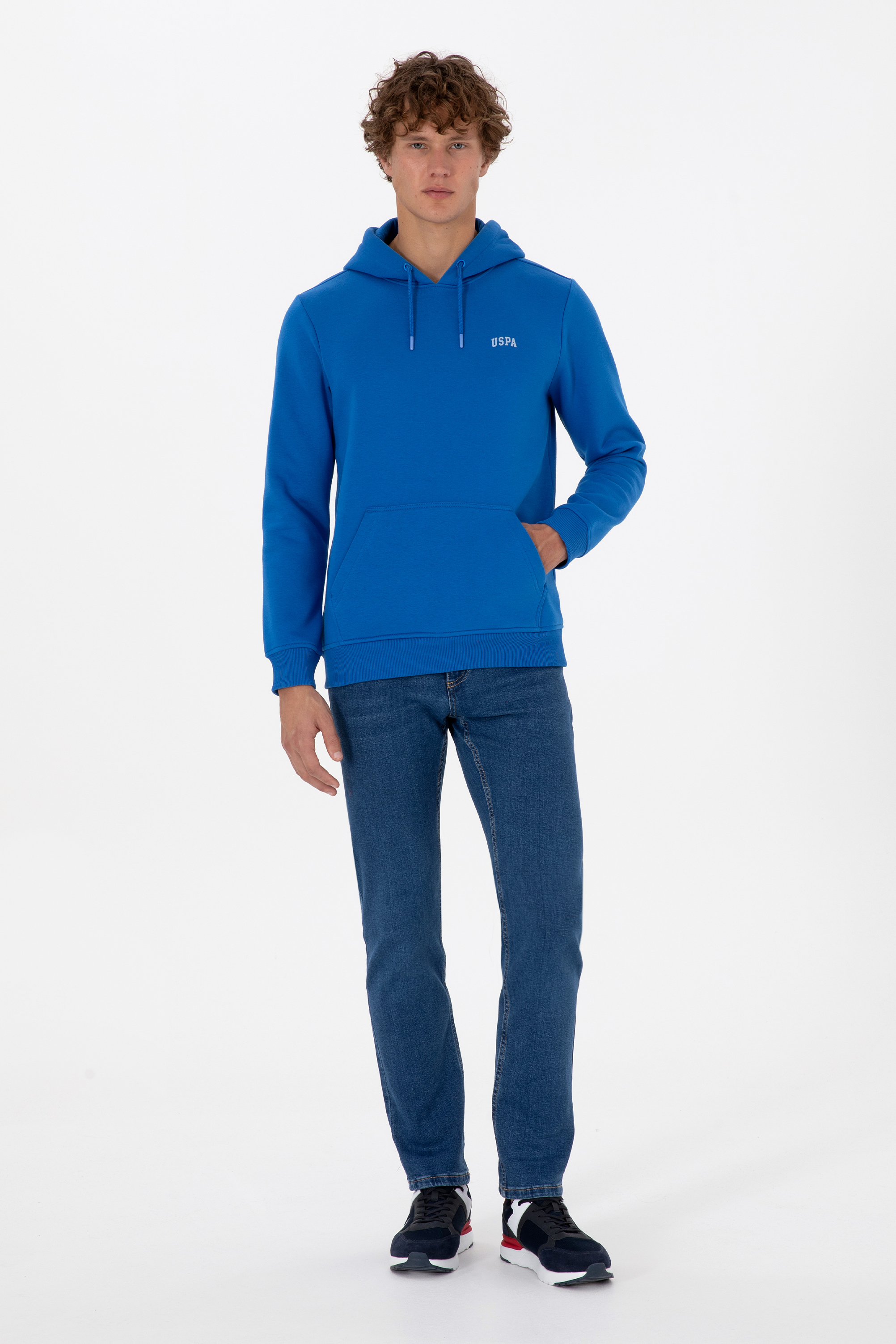 Erkek Regular Fit Kapüşonlu Şardonlu Saks Basic Sweatshirt - Image 4