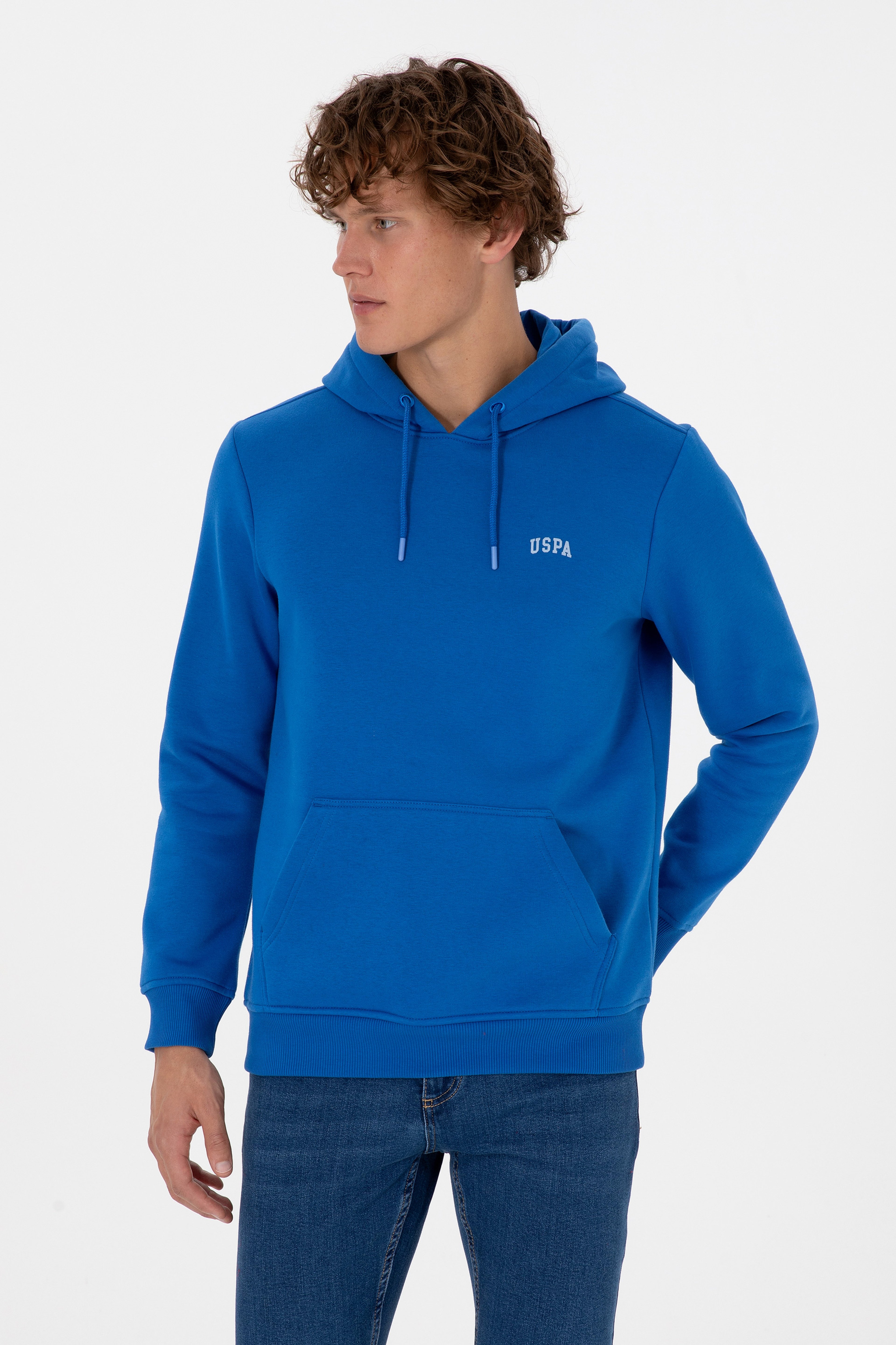 Erkek Regular Fit Kapüşonlu Şardonlu Saks Basic Sweatshirt