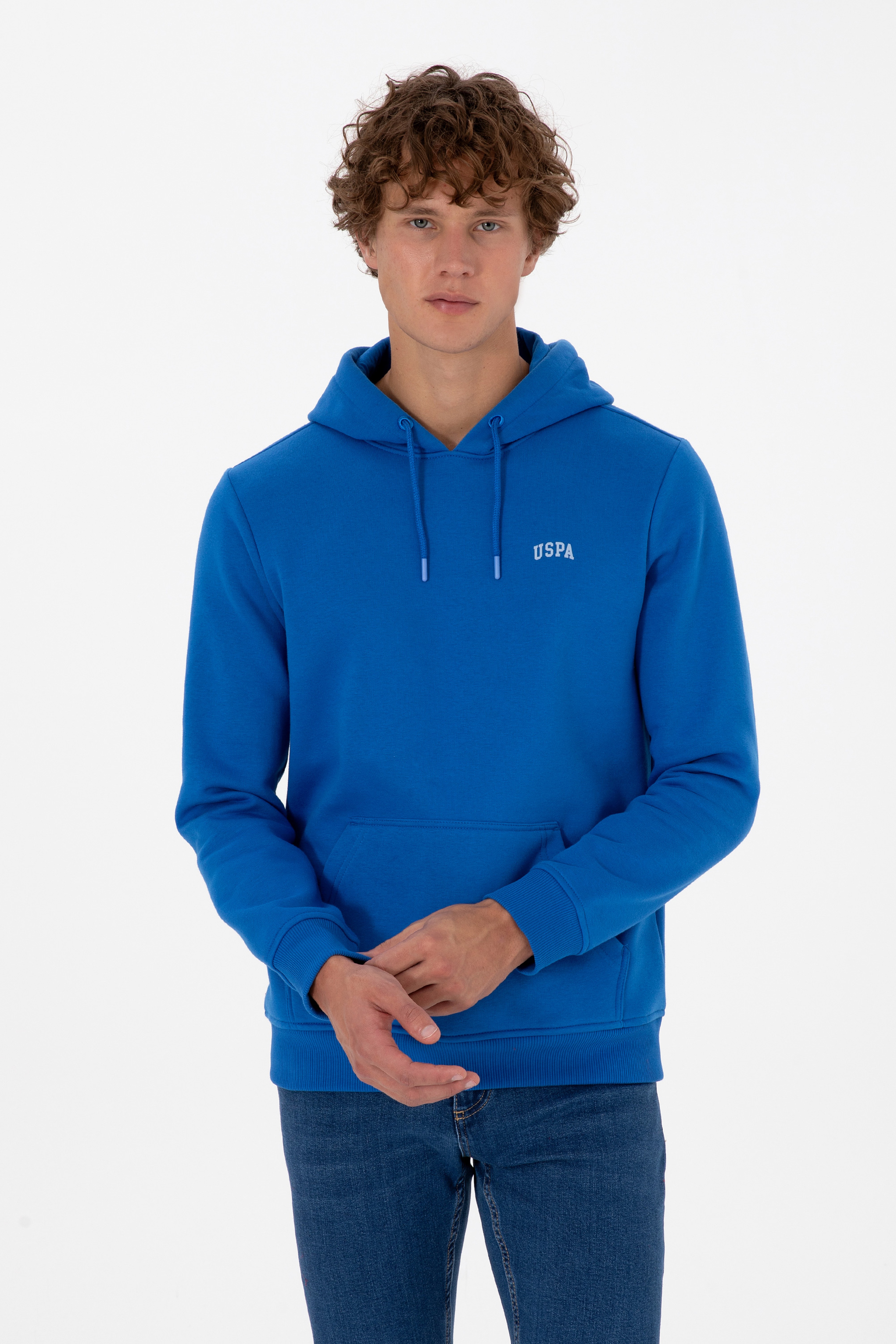 Erkek Regular Fit Kapüşonlu Şardonlu Saks Basic Sweatshirt - Image 1