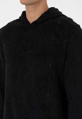 Erkek Regular Fit Kapüşonlu Yıkamalı Siyah İnce Sweatshirt - 50315493028