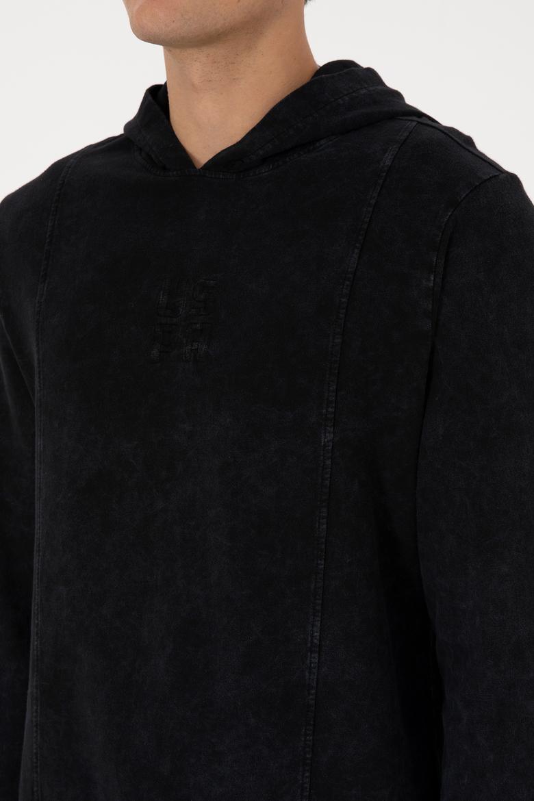 Erkek Regular Fit Kapüşonlu Yıkamalı Siyah İnce Sweatshirt - 50315493028
