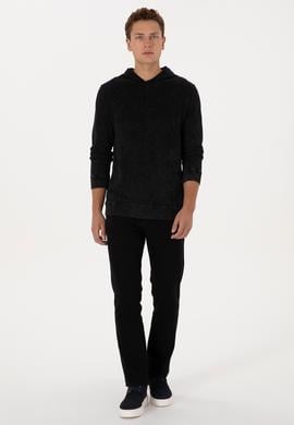 Erkek Regular Fit Kapüşonlu Yıkamalı Siyah İnce Sweatshirt - 50315493028