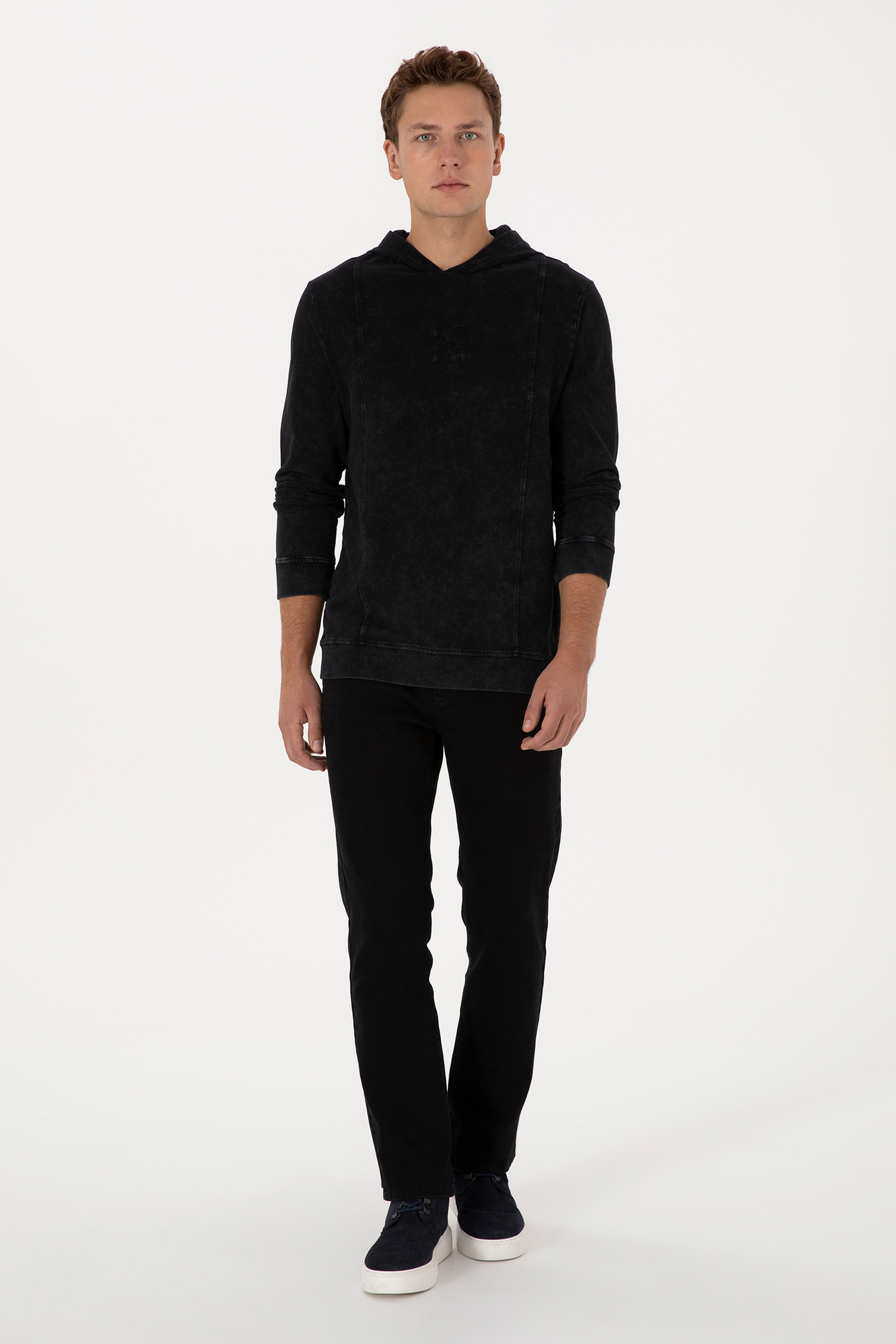 Erkek Regular Fit Kapüşonlu Yıkamalı Siyah İnce Sweatshirt - Image 4