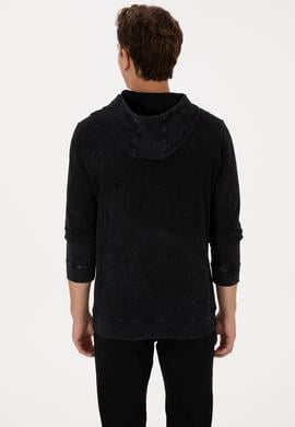Erkek Regular Fit Kapüşonlu Yıkamalı Siyah İnce Sweatshirt - 50315493028
