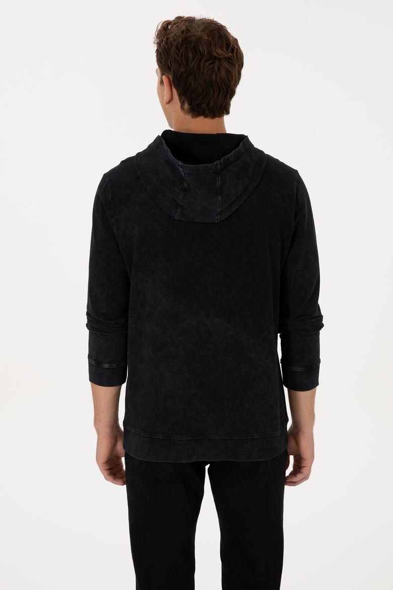 Erkek Regular Fit Kapüşonlu Yıkamalı Siyah İnce Sweatshirt - 50315493028