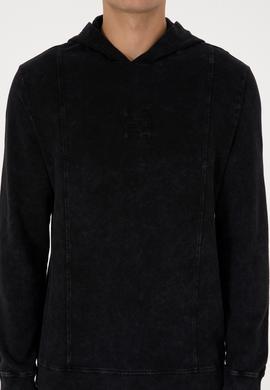 Erkek Regular Fit Kapüşonlu Yıkamalı Siyah İnce Sweatshirt - 50315493028