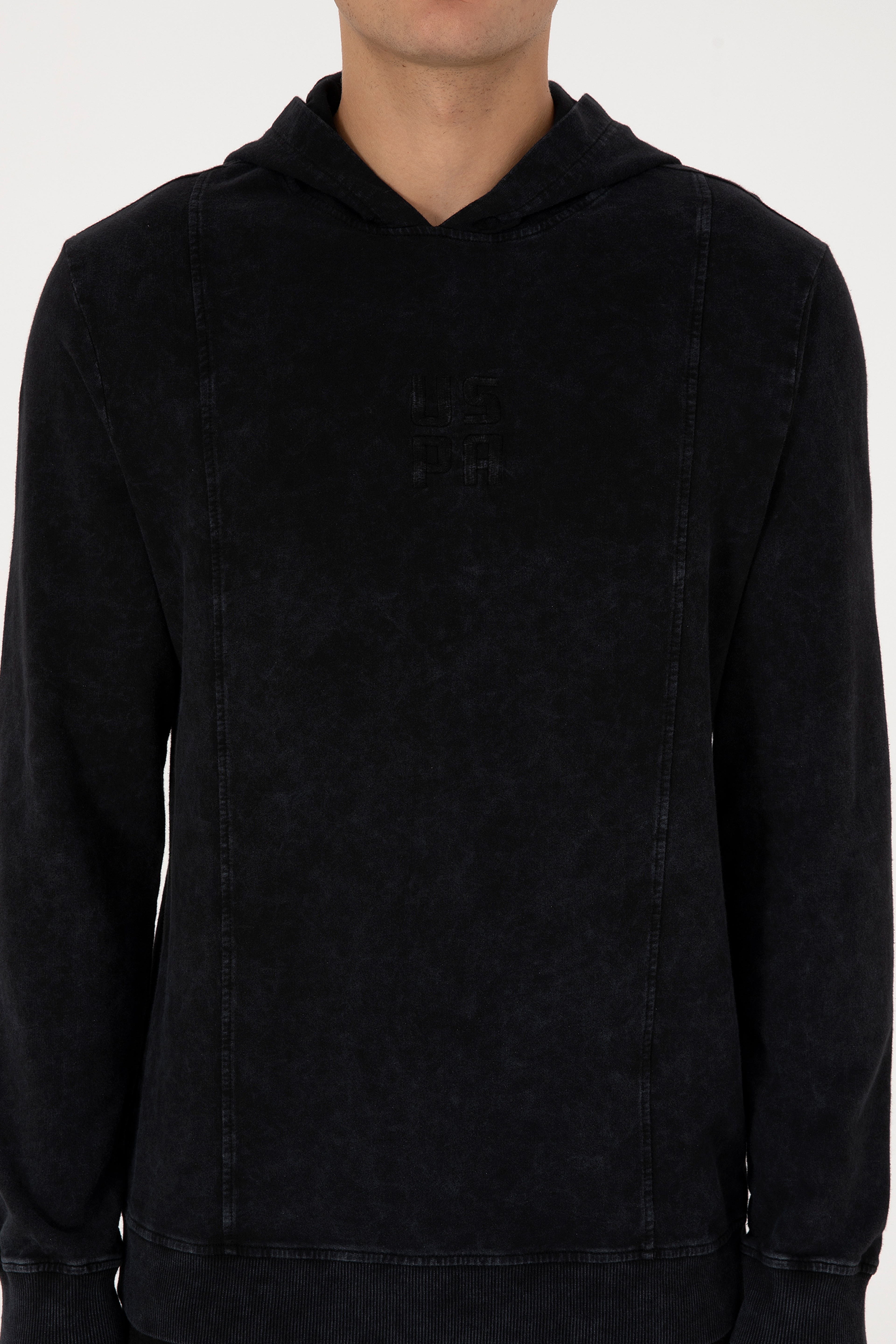 Erkek Regular Fit Kapüşonlu Yıkamalı Siyah İnce Sweatshirt - Image 6