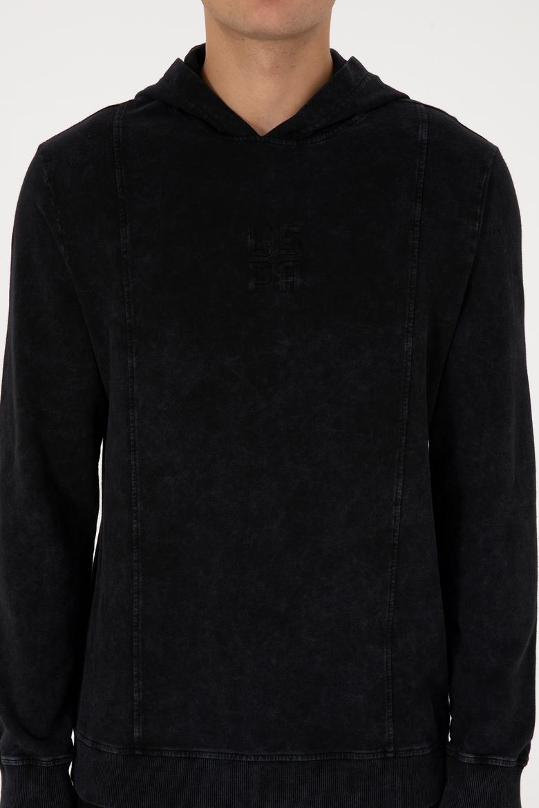 Erkek Regular Fit Kapüşonlu Yıkamalı Siyah İnce Sweatshirt - 50315493028