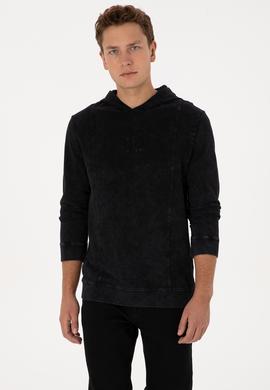 Erkek Regular Fit Kapüşonlu Yıkamalı Siyah İnce Sweatshirt - 50315493028