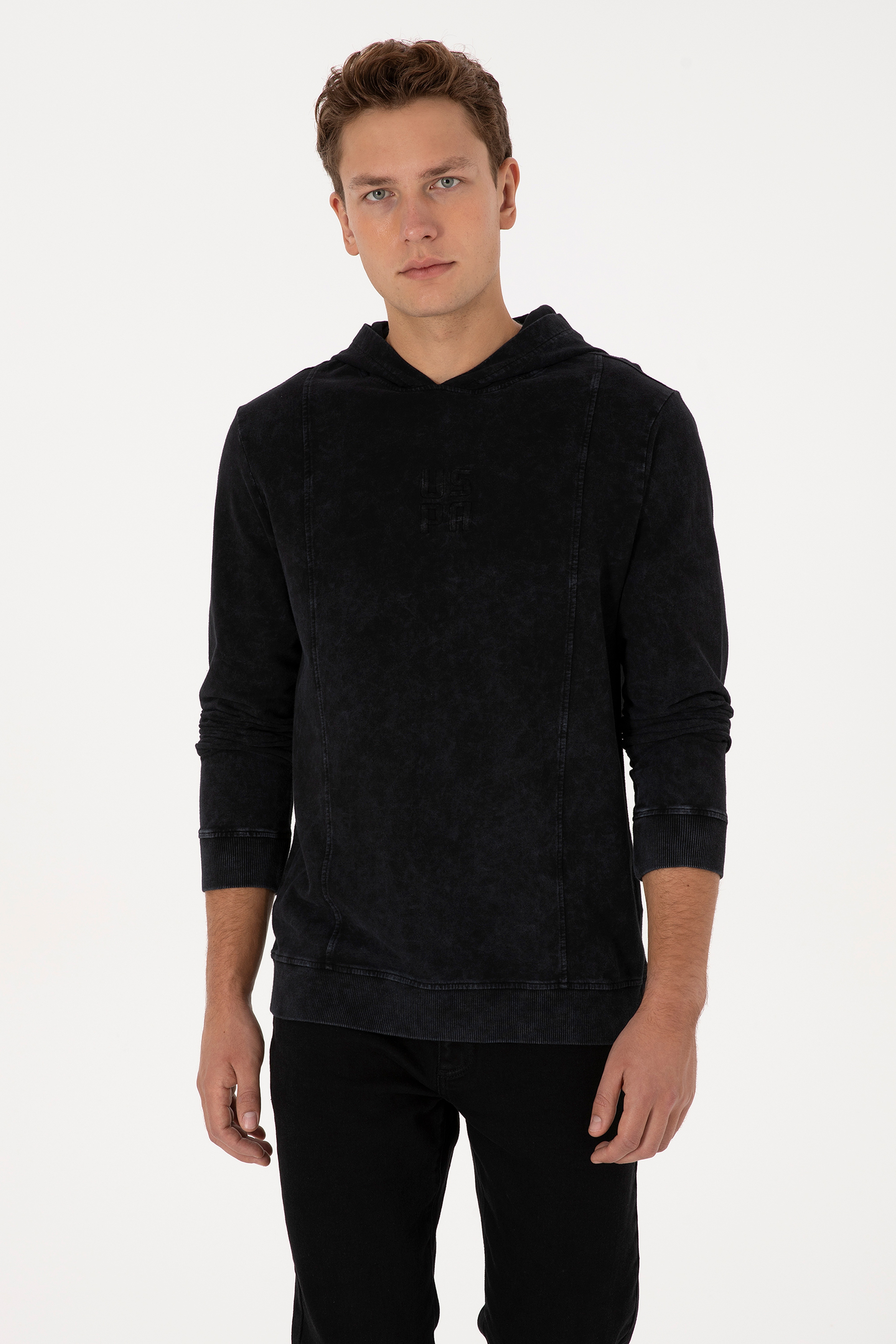 Erkek Regular Fit Kapüşonlu Yıkamalı Siyah İnce Sweatshirt - Image 1