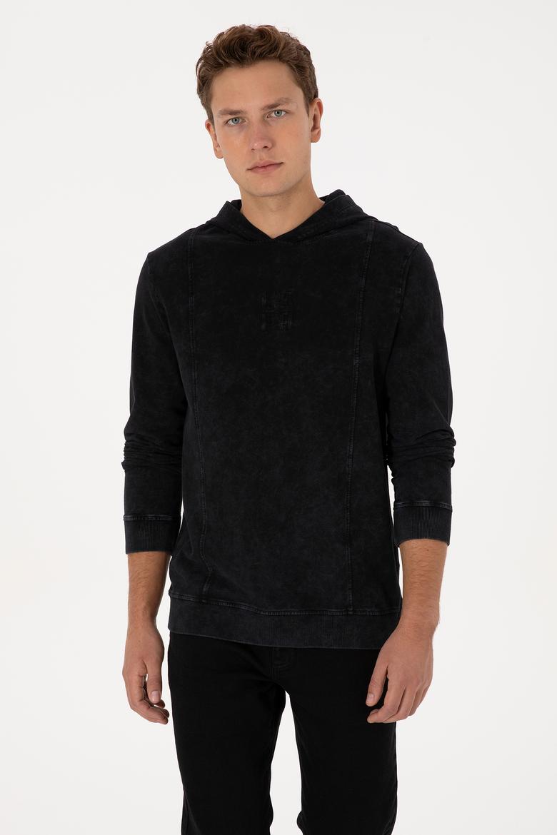 Erkek Regular Fit Kapüşonlu Yıkamalı Siyah İnce Sweatshirt