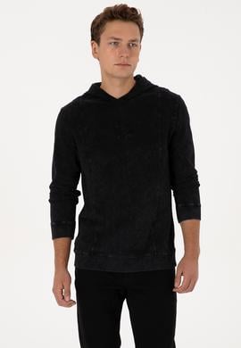 Erkek Regular Fit Kapüşonlu Yıkamalı Siyah İnce Sweatshirt - 50315493028