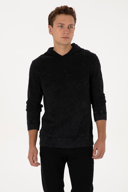 Erkek Regular Fit Kapüşonlu Yıkamalı Siyah İnce Sweatshirt