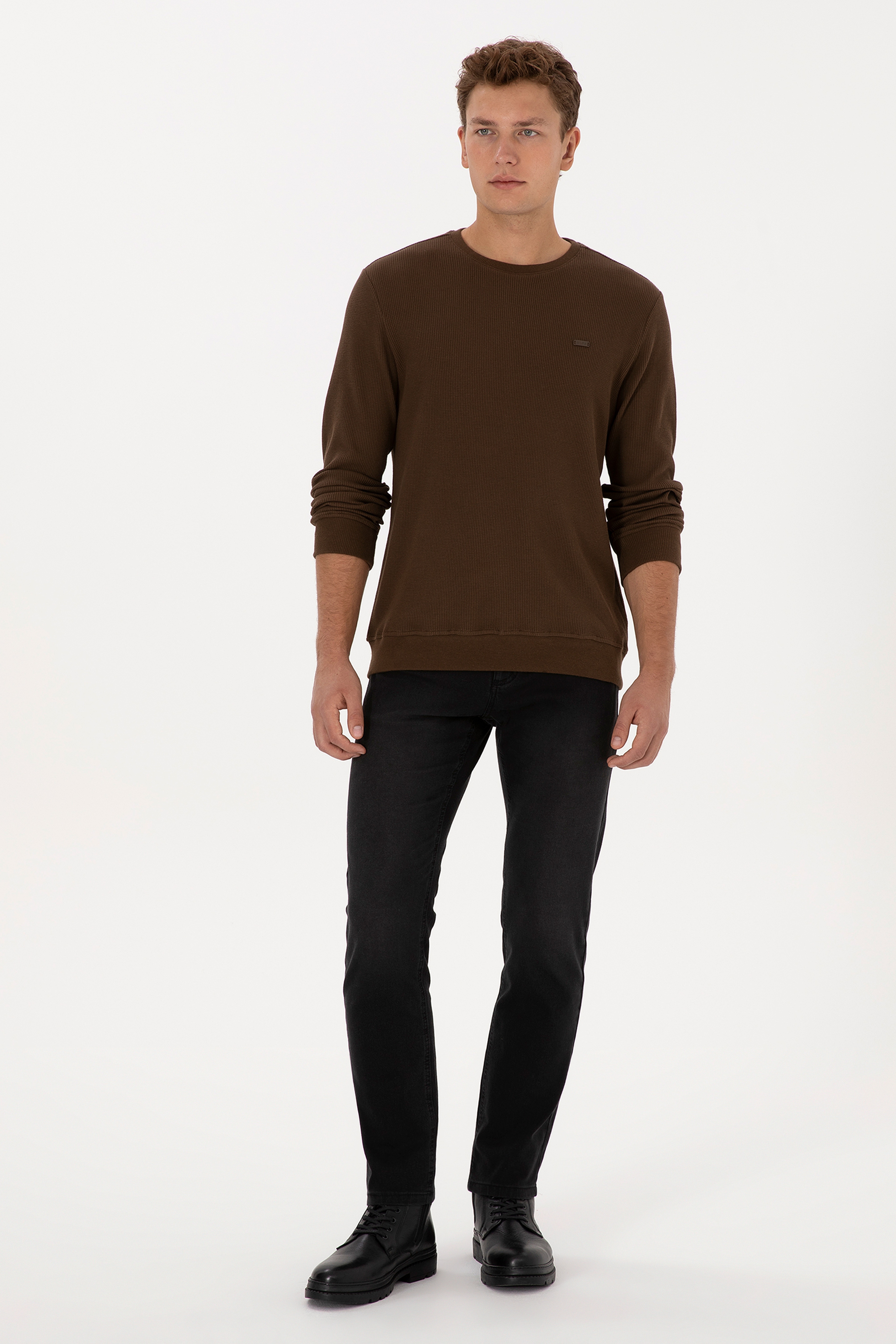 Erkek Regular Fit Bisiklet Yaka Kahverengi Sweatshirt