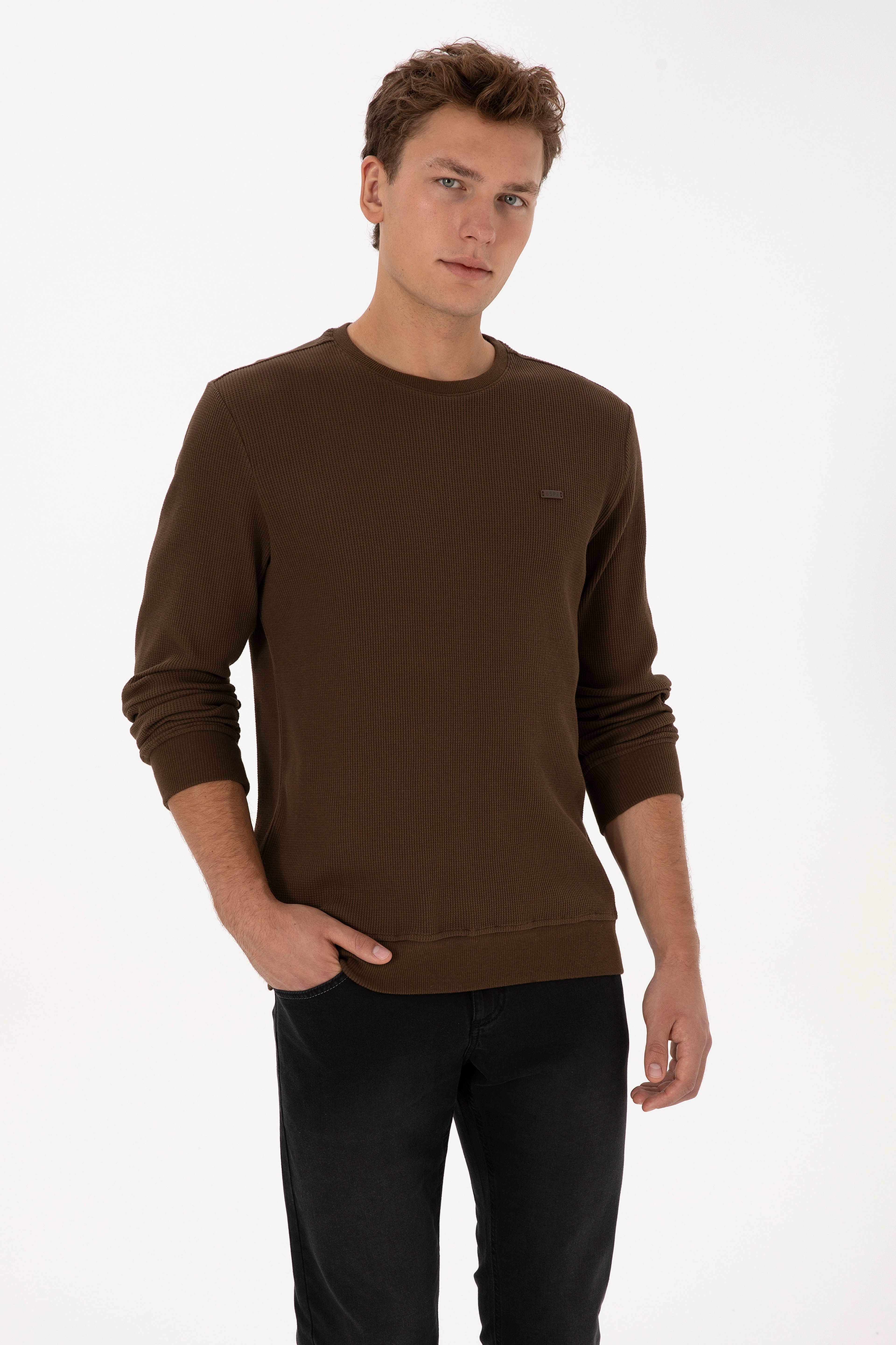 Erkek Regular Fit Bisiklet Yaka Kahverengi Sweatshirt - Image 1