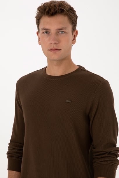 Erkek Regular Fit Bisiklet Yaka Kahverengi Sweatshirt