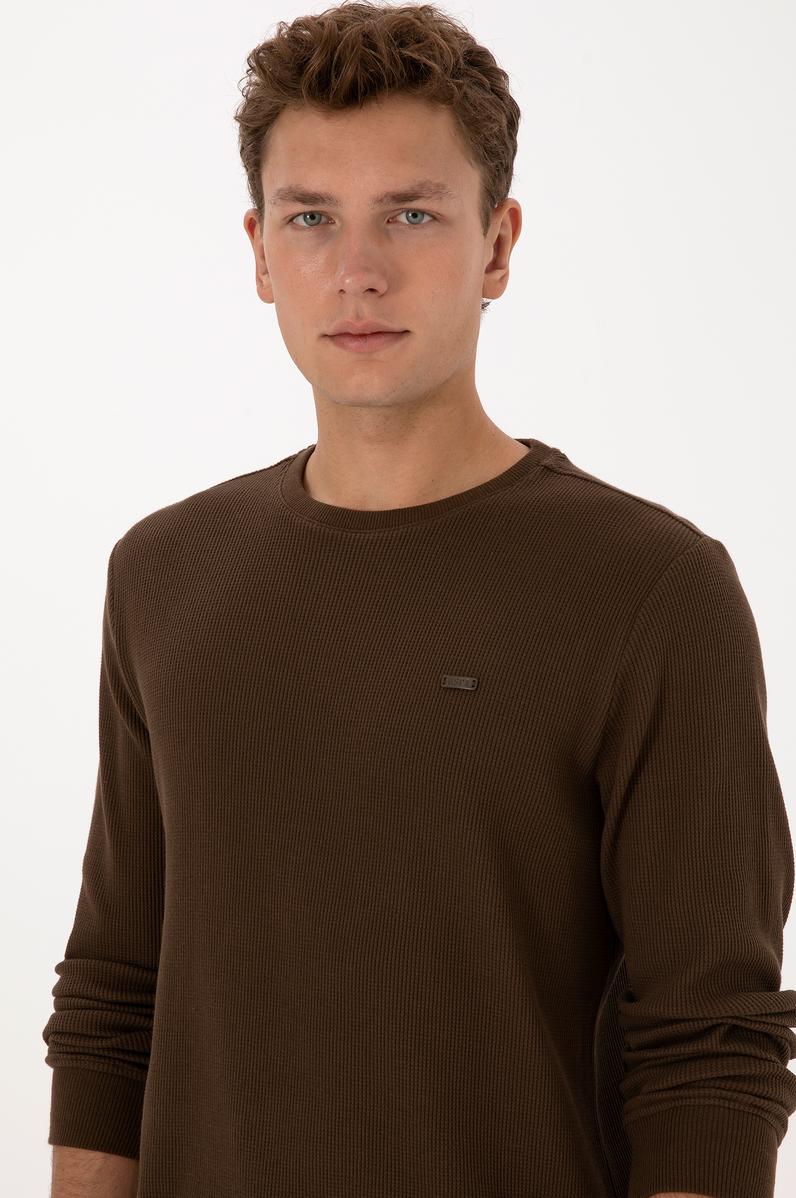 Erkek Regular Fit Bisiklet Yaka Kahverengi Sweatshirt