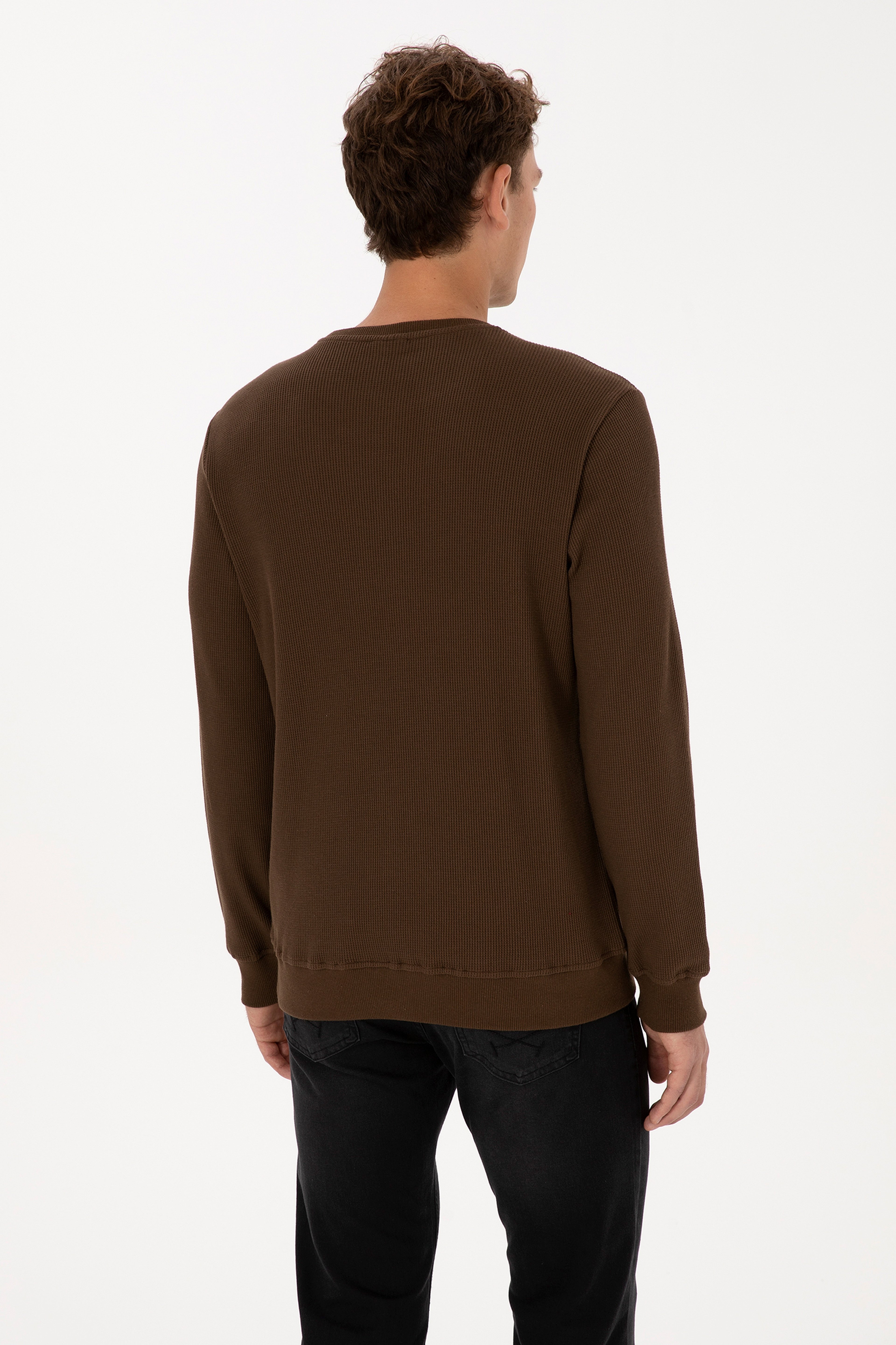 Erkek Regular Fit Bisiklet Yaka Kahverengi Sweatshirt