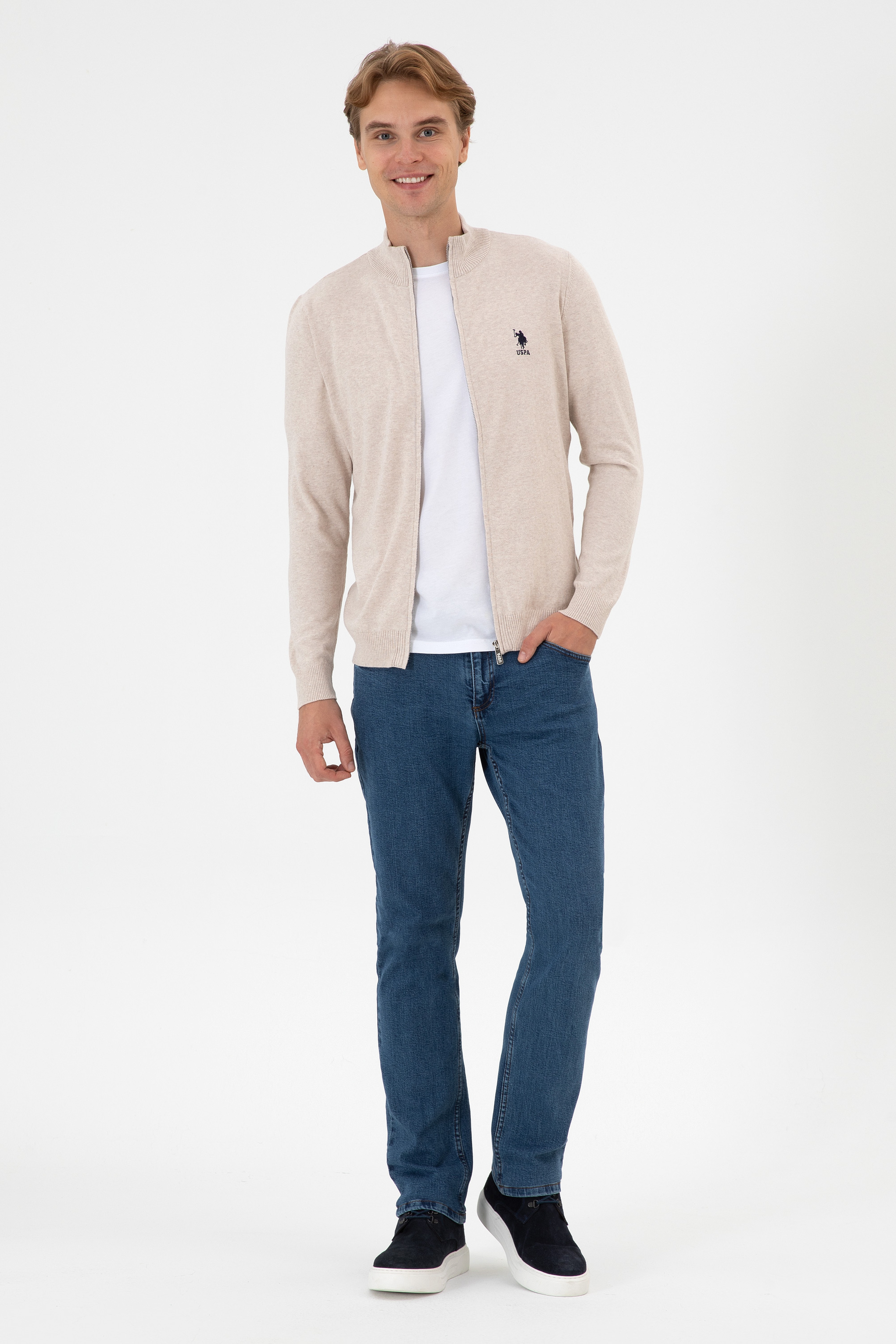 Erkek Slim Fit Taş Melanj Triko Hırka