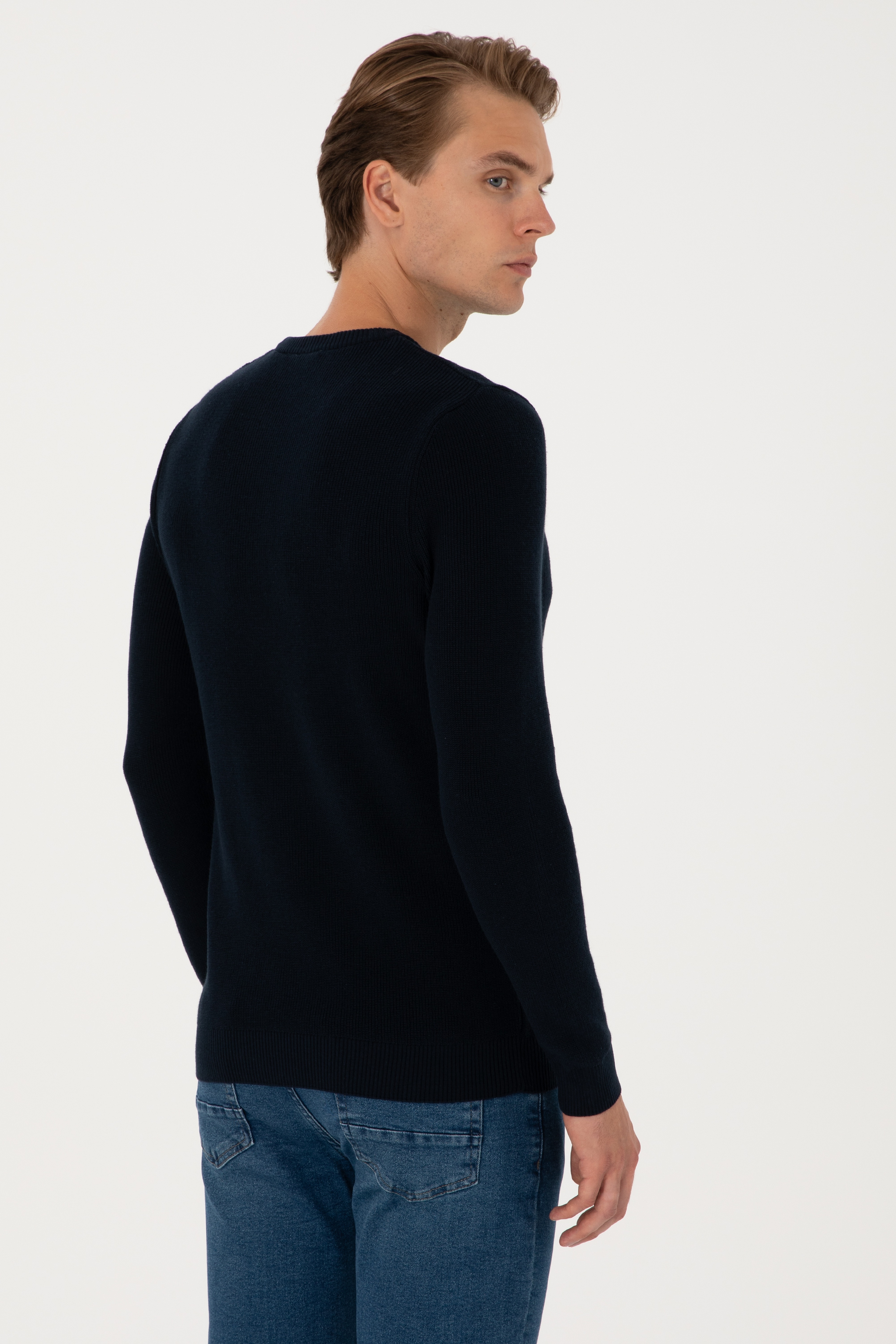 Erkek Slim Fit Bisiklet Yaka Lacivert Basic Kazak
