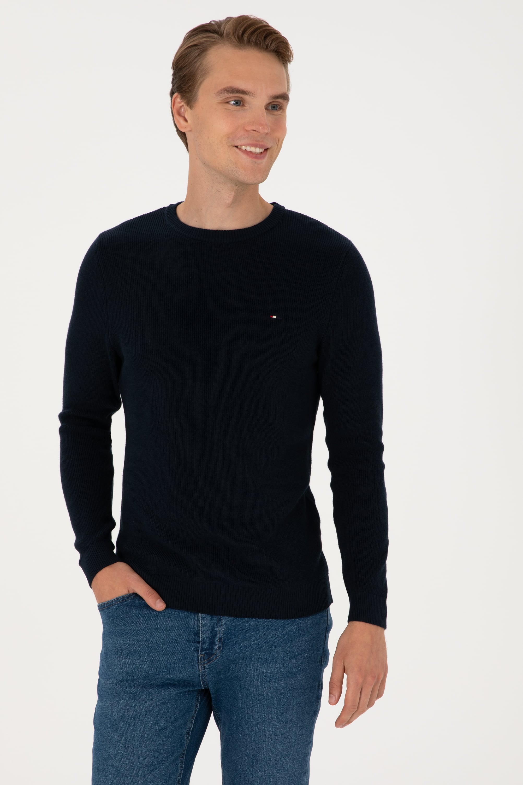 Erkek Slim Fit Bisiklet Yaka Lacivert Basic Kazak - Image 3