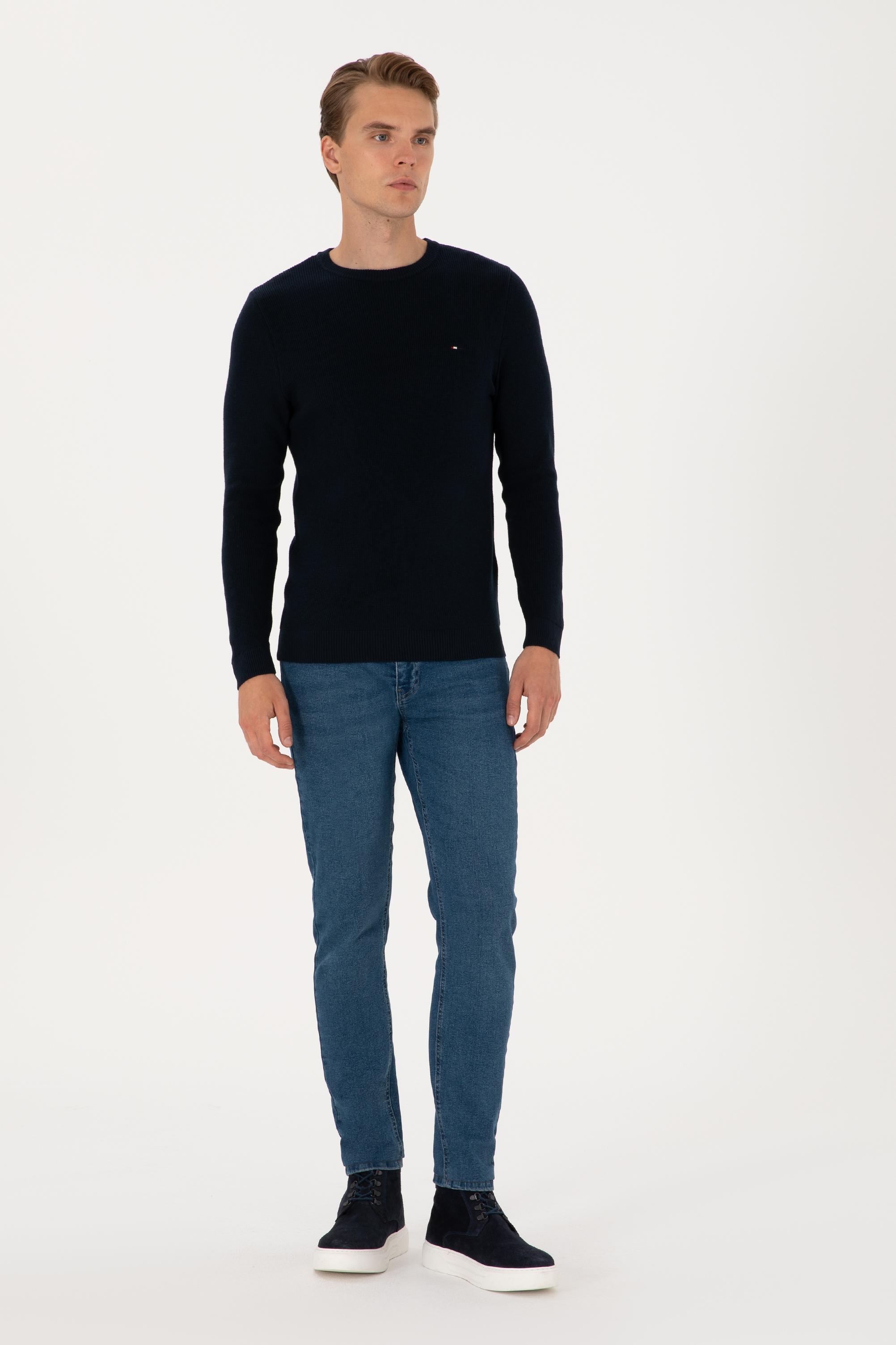 Erkek Slim Fit Bisiklet Yaka Lacivert Basic Kazak - Image 4