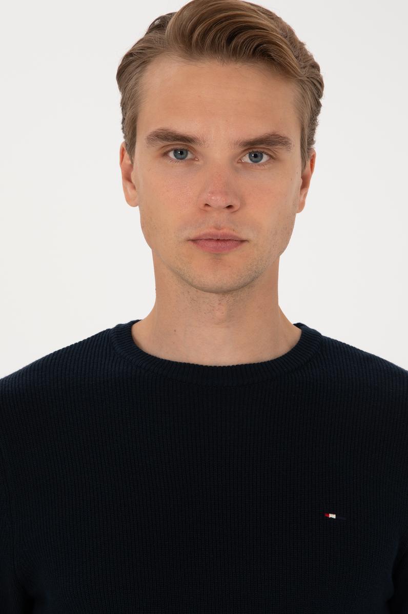 Erkek Slim Fit Bisiklet Yaka Lacivert Basic Kazak