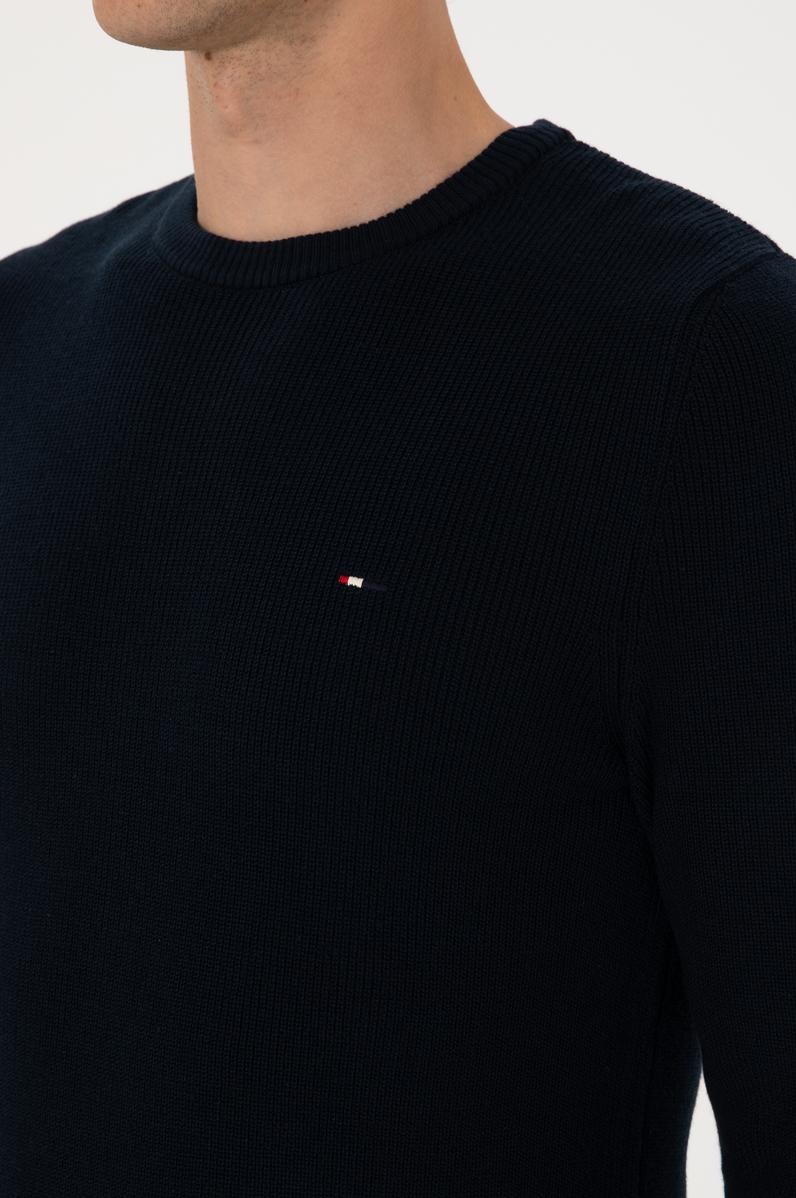 Erkek Slim Fit Bisiklet Yaka Lacivert Basic Kazak