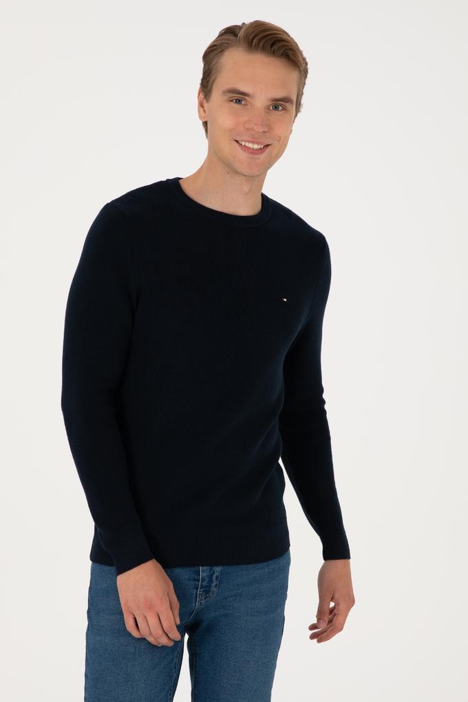 Erkek Slim Fit Bisiklet Yaka Lacivert Basic Kazak